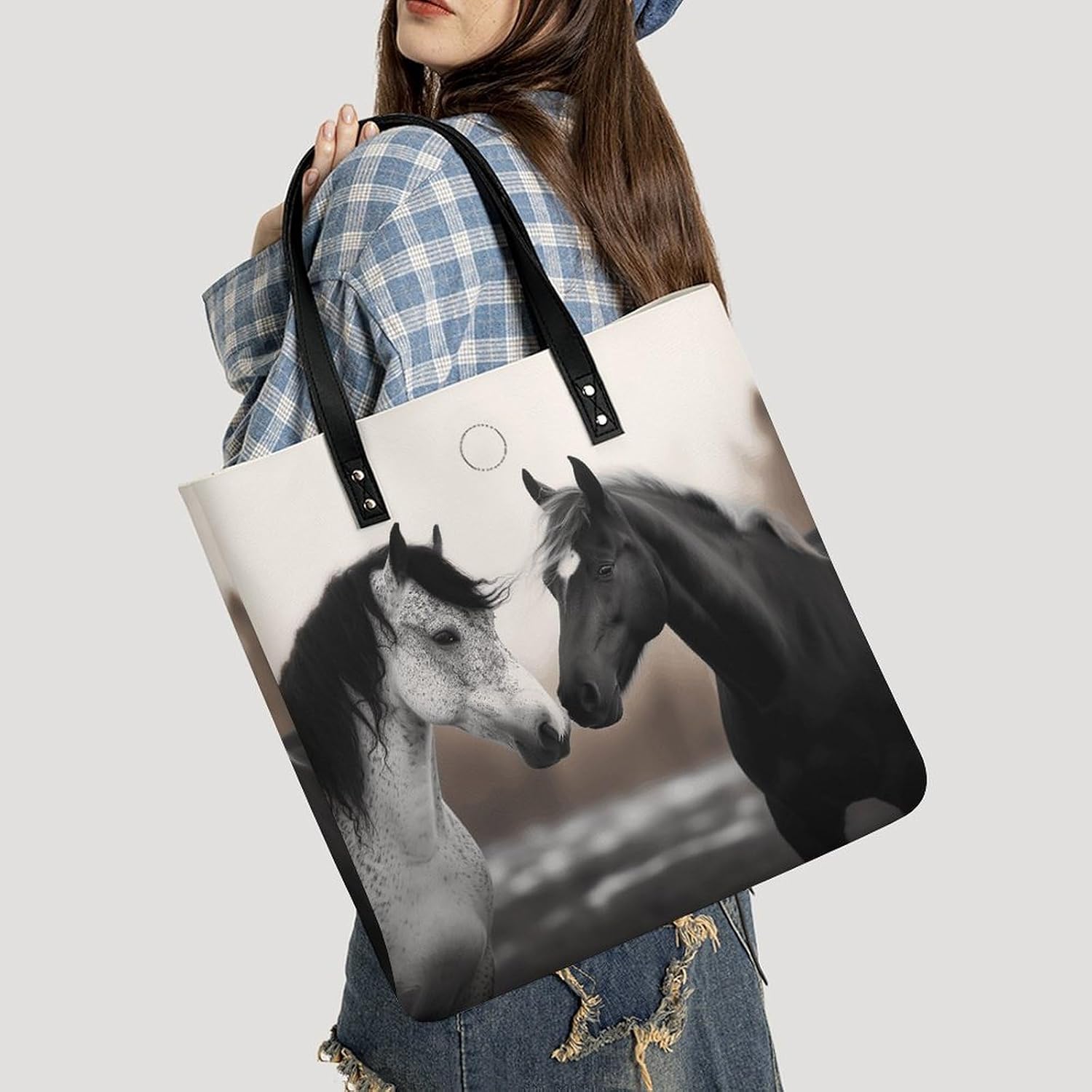Black And White Horses Tote Bag with Magnetic Buckle Reusable Grocery Bags Lightweight Cross Body Handbag for Daily Essentials