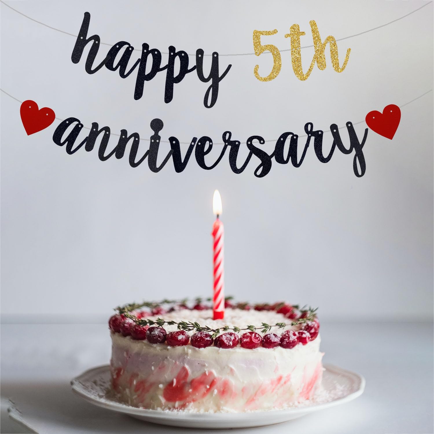 Happy 5th Anniversary Banner, 5th Wedding Anniversary & Birthday Party Bunting Decoration (Black & Gold, 118 inches x 18 inches, Pre-Strung) - Image 2