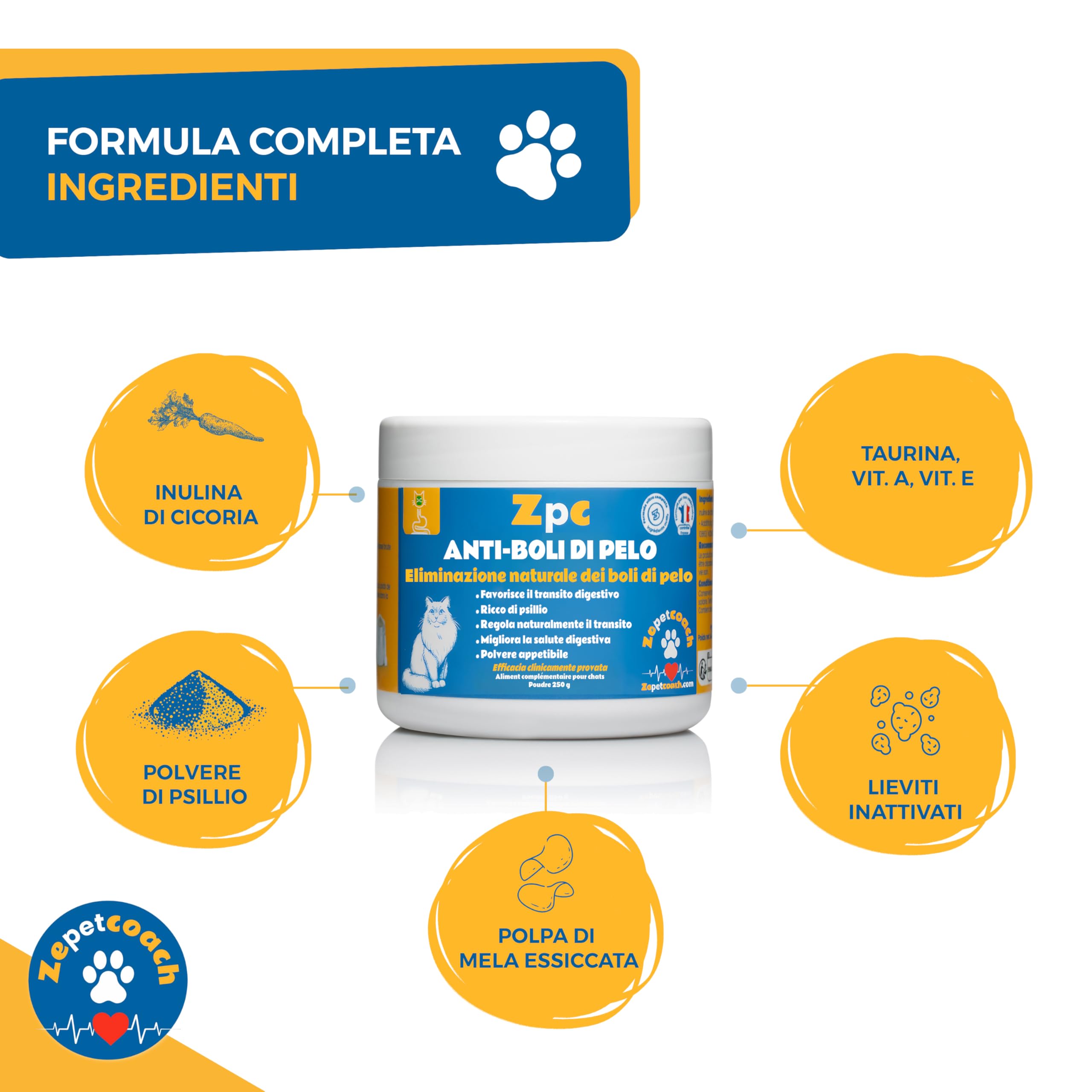 Anti-Boli di Pelo Gatto – ZPC – Integratore Naturale per Digestione & Transito – Taurina, psyllium & cicoria – 250 g