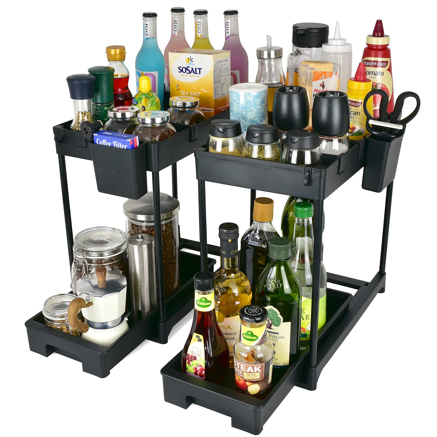 C&E- Under Sink Organizer And Storage 2-Pack- 2- Tier Kitchen Bathroom Storage Organizer With Sliding Drawers And Hanging Cups- Multipurpose Shelf Countertop Organizer- Organization Rack For Home