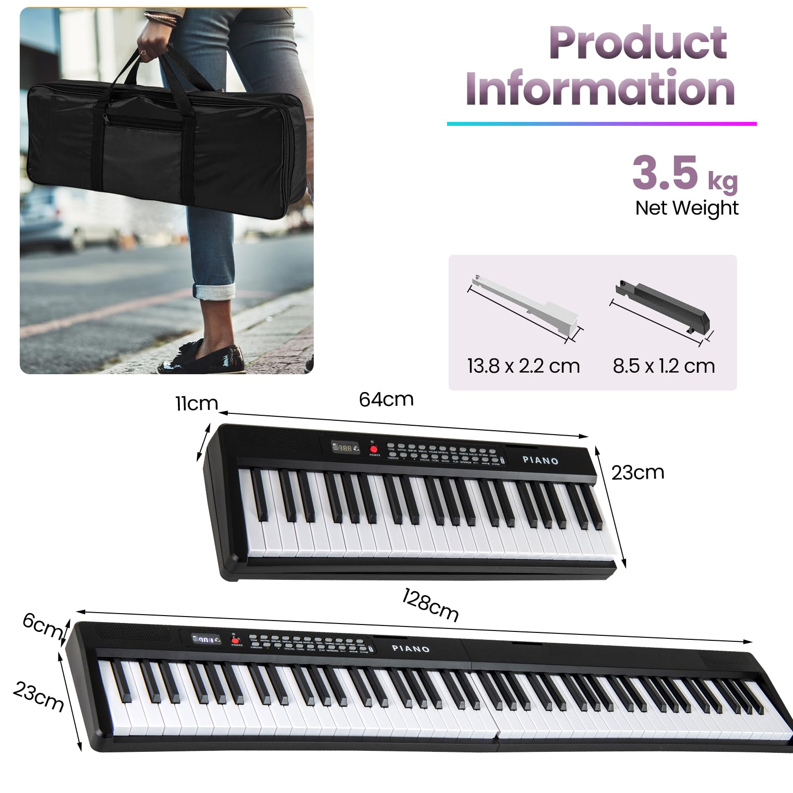 KOMFOTTEU Pianino cyfrowe 88 klawiszy, MIDI bezprzewodowe, podwójne głośniki, pianina elektroniczne, klawiatura semi-ważona, 1000 brzmień i rytmów, składane pianino cyfrowe z torbą transportową (Biały