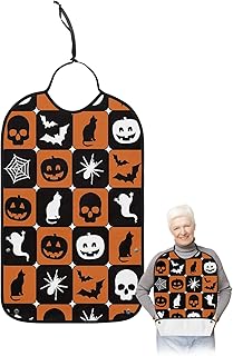 BOBOWUNY Halloween Adult Bibs for Elder Women Men Eating, Orange Black Plaid Pumpink Bat Ghost Waterproof & Washable Bibs for Eating Clothing Protector Dining Bibs for Crumb Catcher