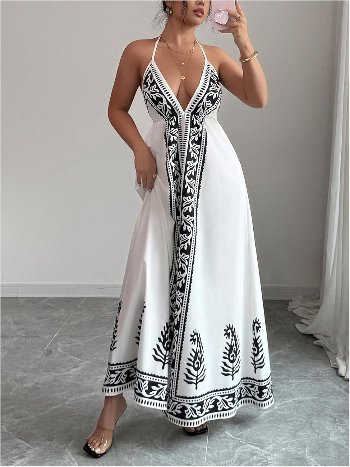 Floerns Women's Floral Print V Neck Halter Cami Dress Tie Open Back Boho Wedding Guest Maxi Dresses - Image 2