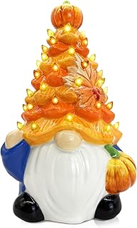 Ceramic Gnome Fall Decorations, Blue Gnome Ceramic Tree Lighted, Light up Pumpkin Gnome Fall Table Decor, Orange Blue Fall Decor Bedroom Indoor Mantle, Gnome Fall Thanksging Gift for Kids Women Men