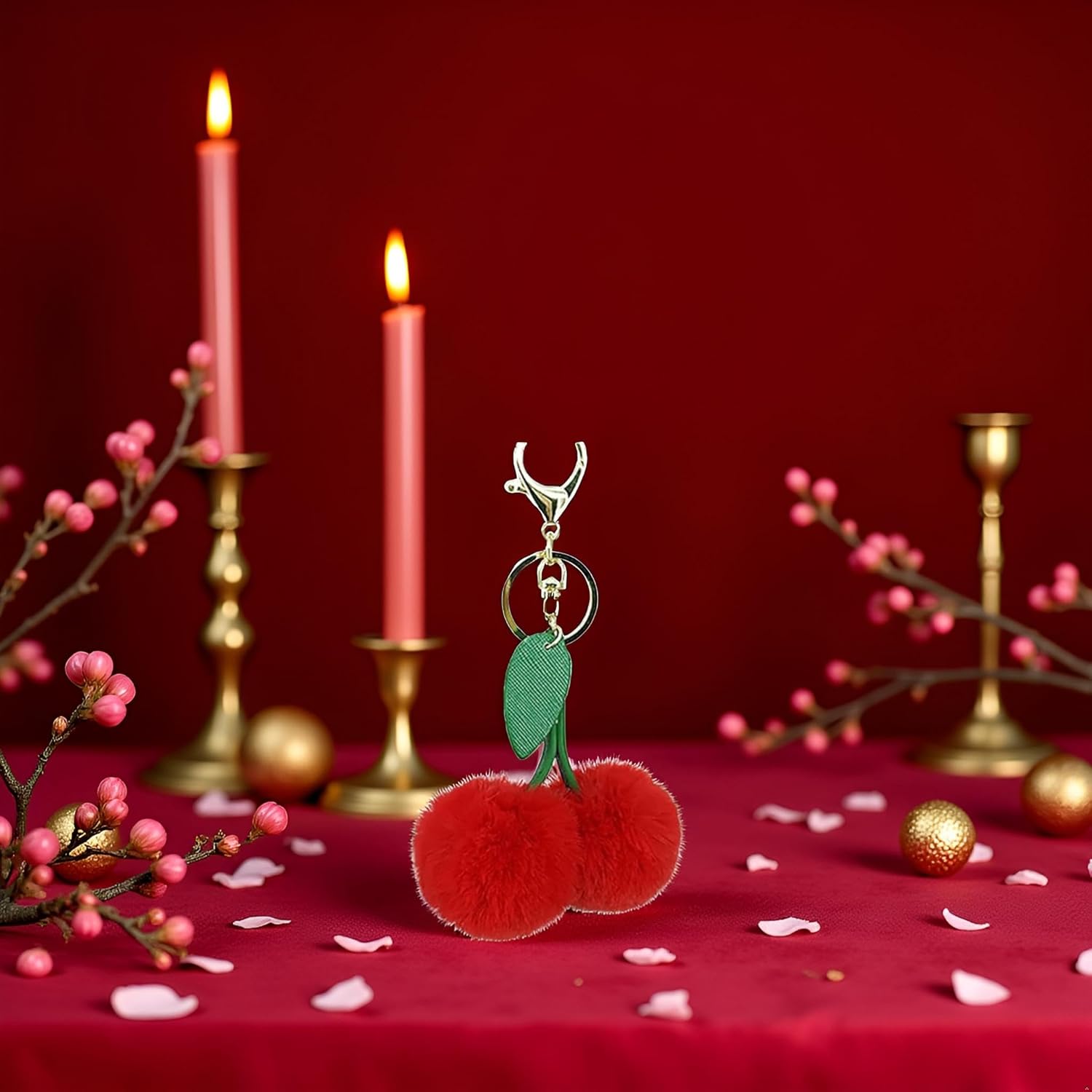 Red Cute Cherry Faux Fur Pom Pom Soft Fluffy Golden Ball Key Chain Cherry Keychain Car Keying Bag Wallet Pendant Ornament Accessories Interior Accessories - Image 3
