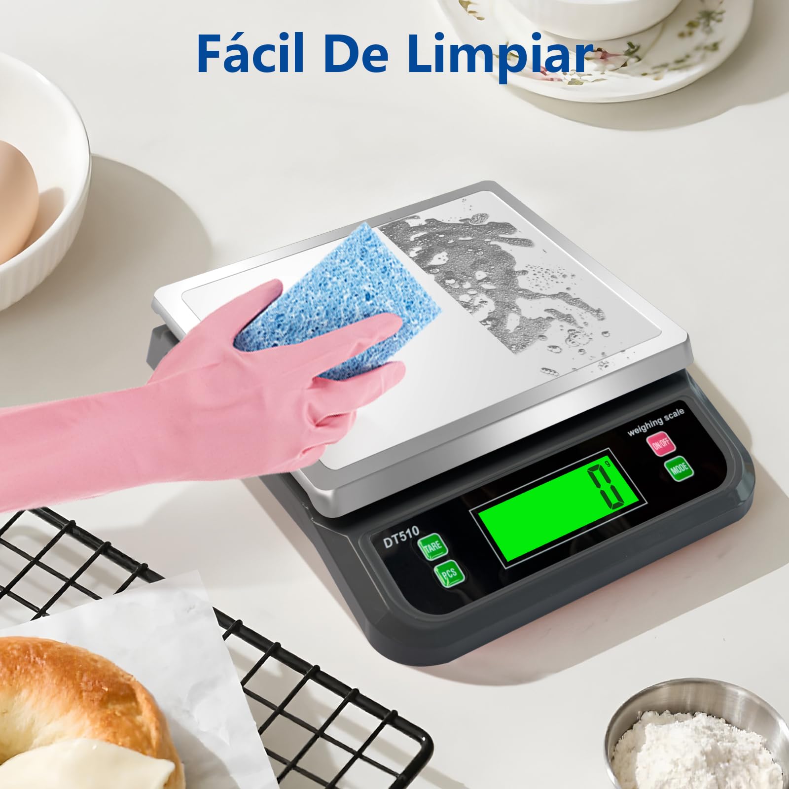 Grande Báscula de Cocina digital, 40kg/88lbs bascula cocina profesional con Pantalla LCD Acero Inoxidable Balanza Alimentos con Función Tara y PCS 6 Unidades bascula cocina Para peso repostería