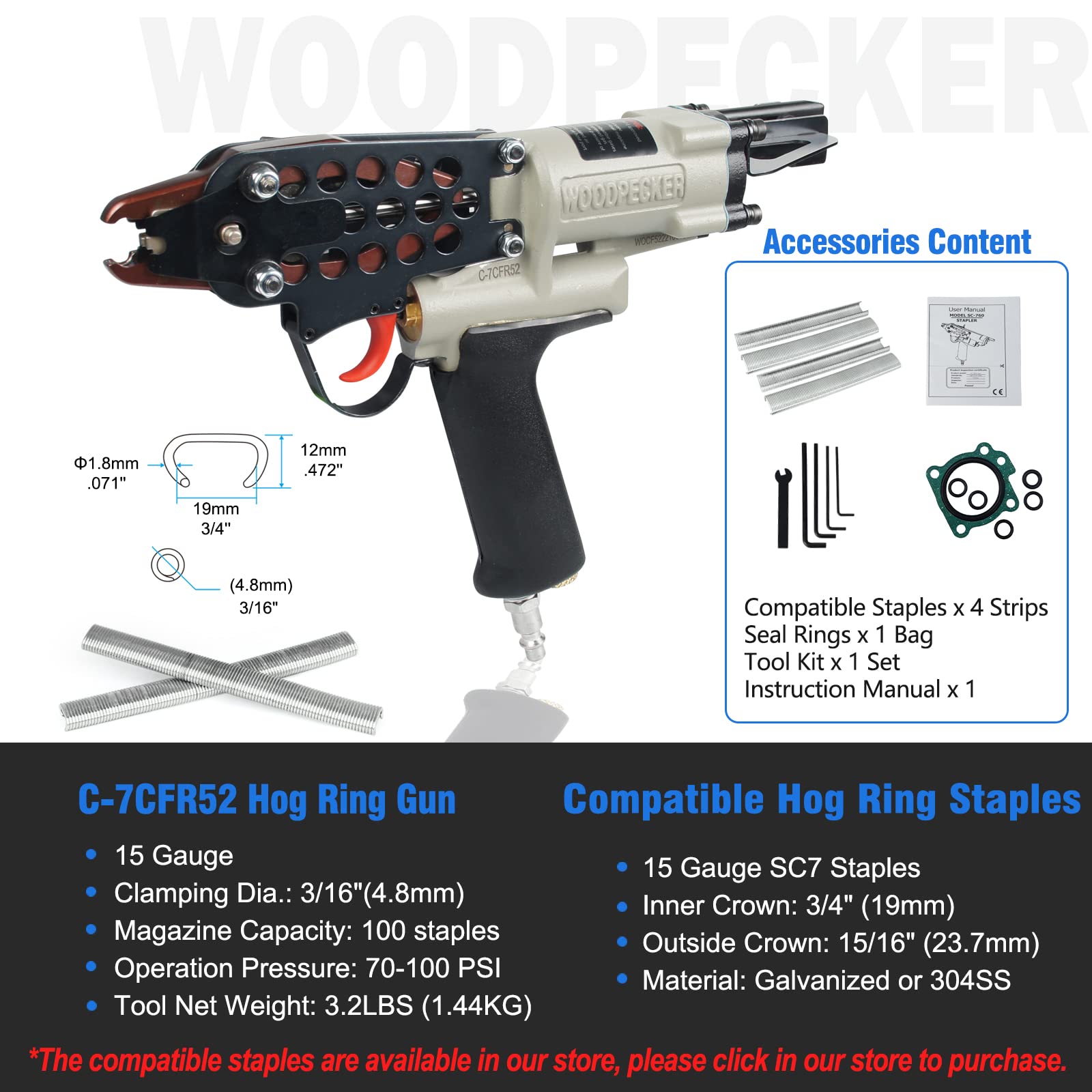 WOODPECKER C-7CFR52 Pistola de anillo de cerdo de aire con control de velocidad variable, corona de calibre 15 de 3/4 de pulgada (19 mm), para vallas, jaulas y accesorios (C-7CFR52)