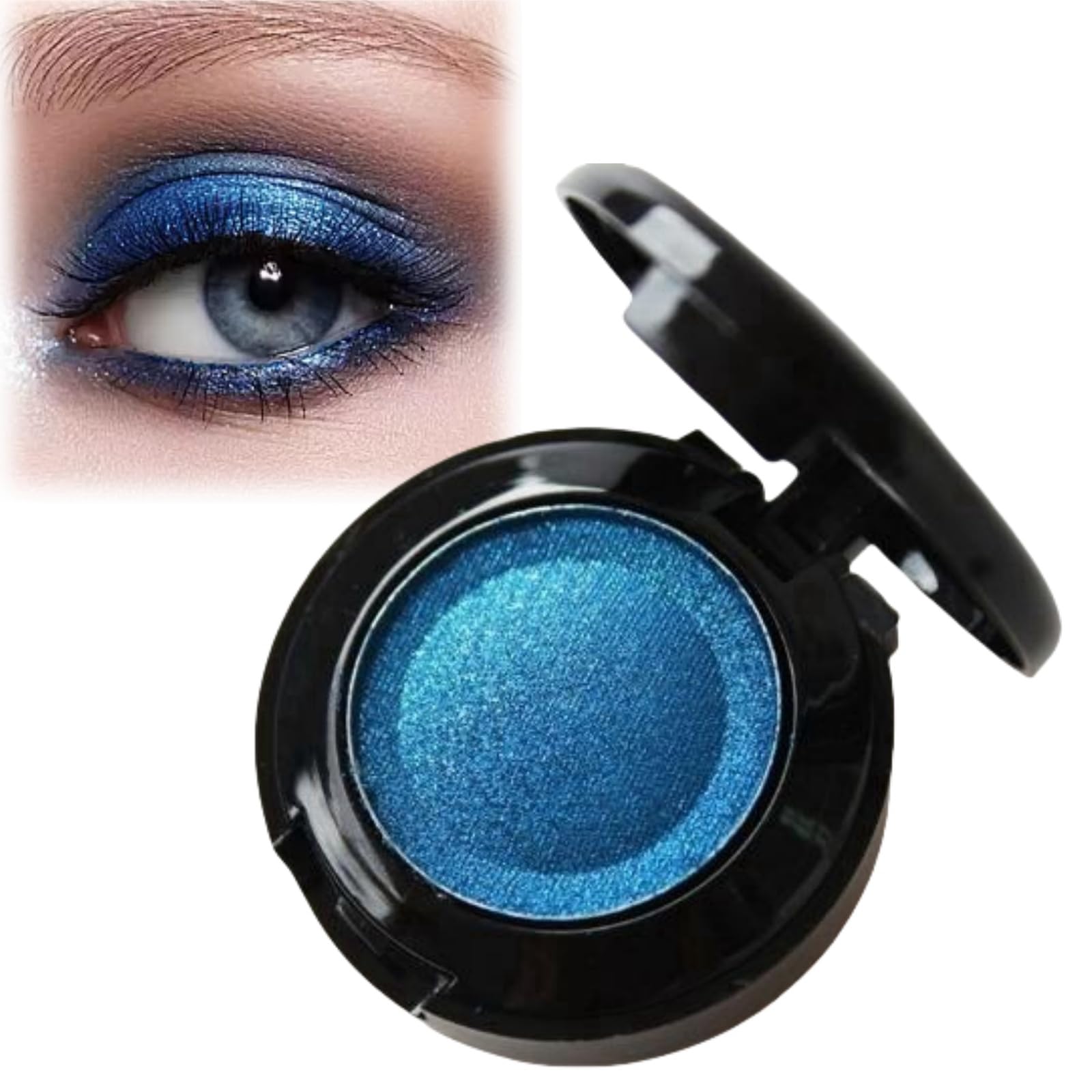 Shimmer Pressed Fine Powder Eyeshadow - Highly Pigmented Pearl Eye Shadow with Mirror and Brush, Waterproof Blue Shimmer for Eye Make-Up