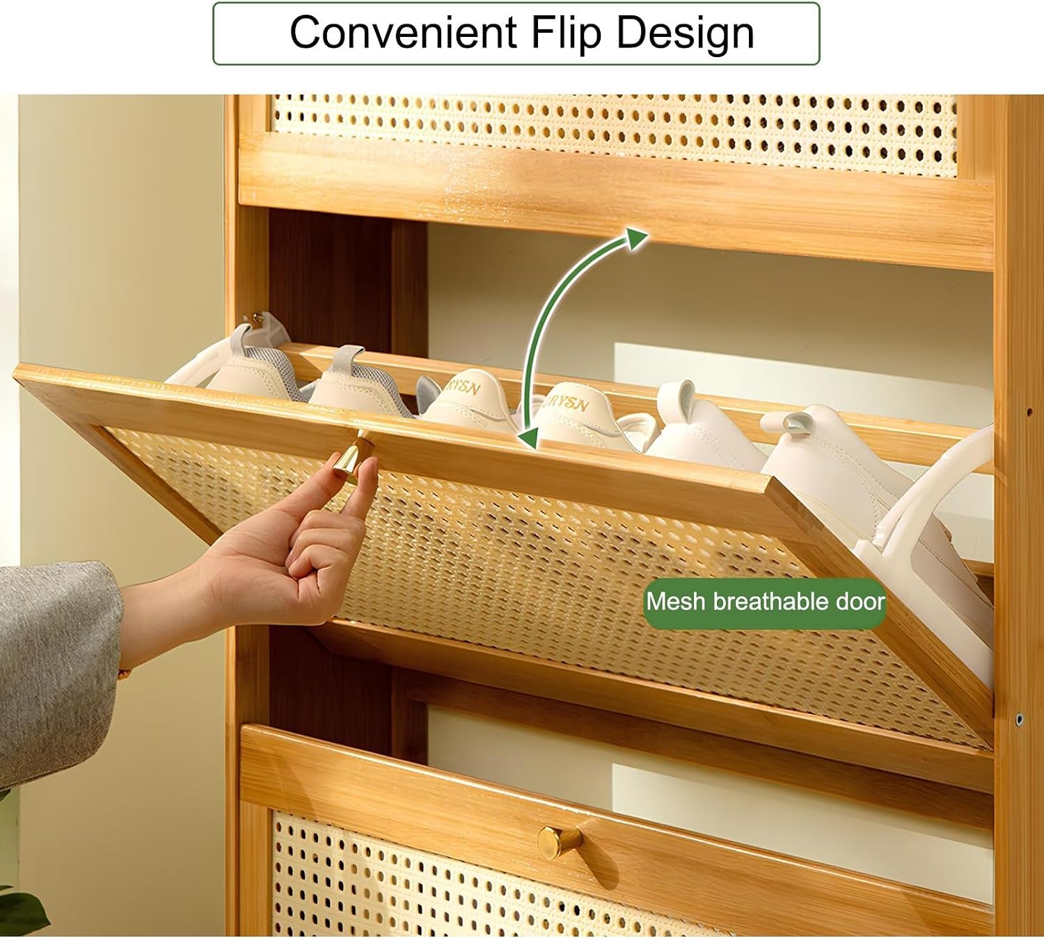 Natural Rattan Decor Shoe Cabinet with 2/3 Flip Drawers, Bamboo Storage Cabinet Free Standing Shoe Racks Shoe Organization for Entryway Closet Living Room,A,2 Doors 50cm/20in