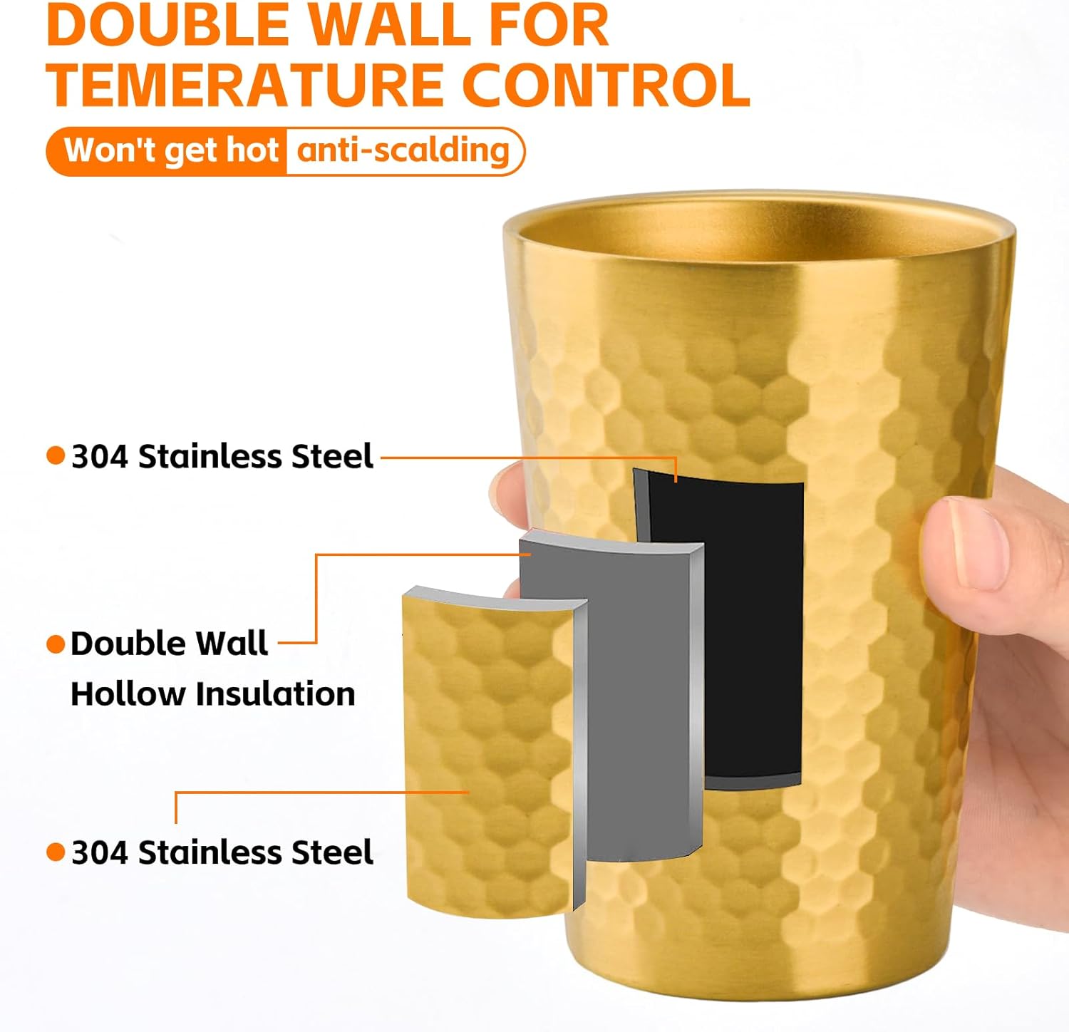 5 Pack 12 oz Stainless Steel Insulated Cup, Honeycomb Double Wall Vacuum Small Metal Cup, Reusable Camping Cups Unbreakable Indoor Outdoor for Party, Home, Office, BBQ, Gold - Image 3