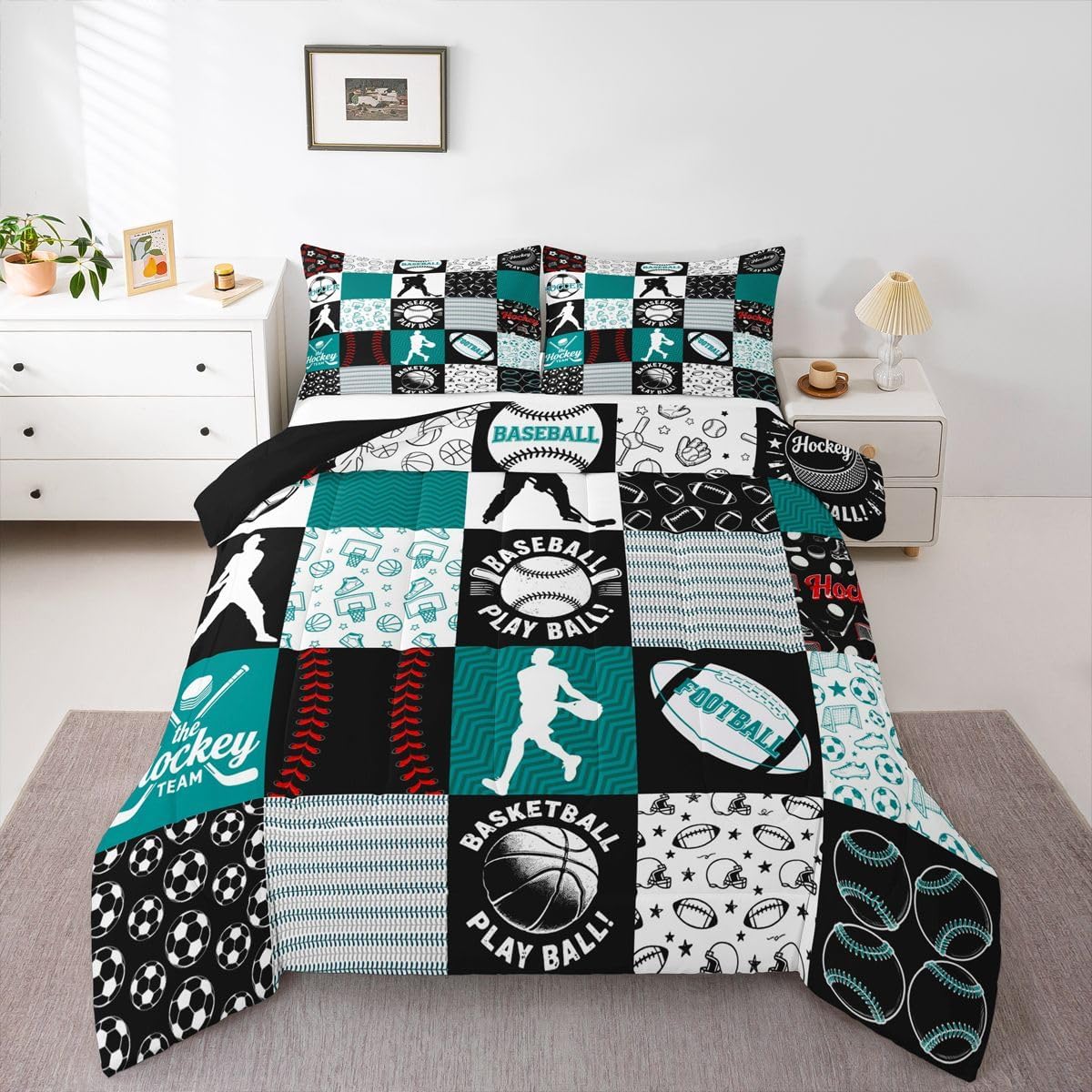 Feelyou Football Baseball Soccer Comforter Set Twin Size Boys Sports Bedding Set for Kids Teens Sports Lover Gift Duvet Quilt Basketball Ice Hockey Bedroom Decor Teal Microfiber with 1 Pillow Cases
