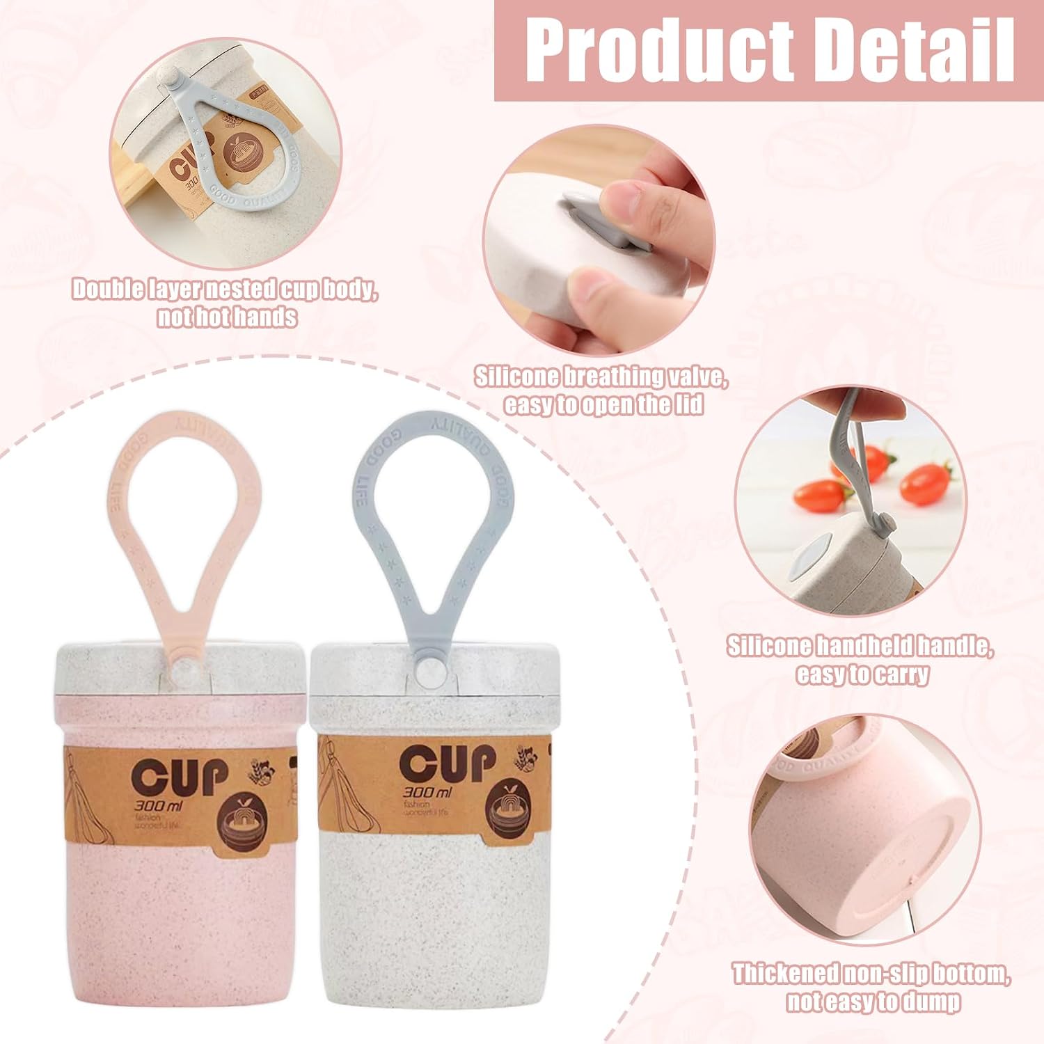 2Pcs Wheat Straw Portable Breakfast Cups, Microwavable Travel Mugs