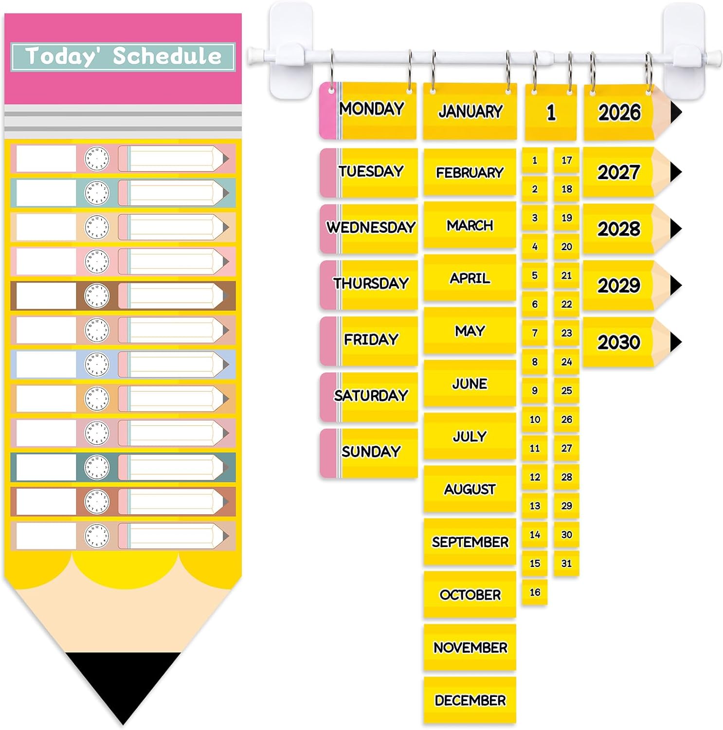 Pencil Theme Daily Schedule Classroom Calendar Chart with 20 Reusable Dry Erase Cards 55 Date Cards Back to School Pencil Shape Classroom Pocket Calendar and Schedule Organizer for School Office Decor