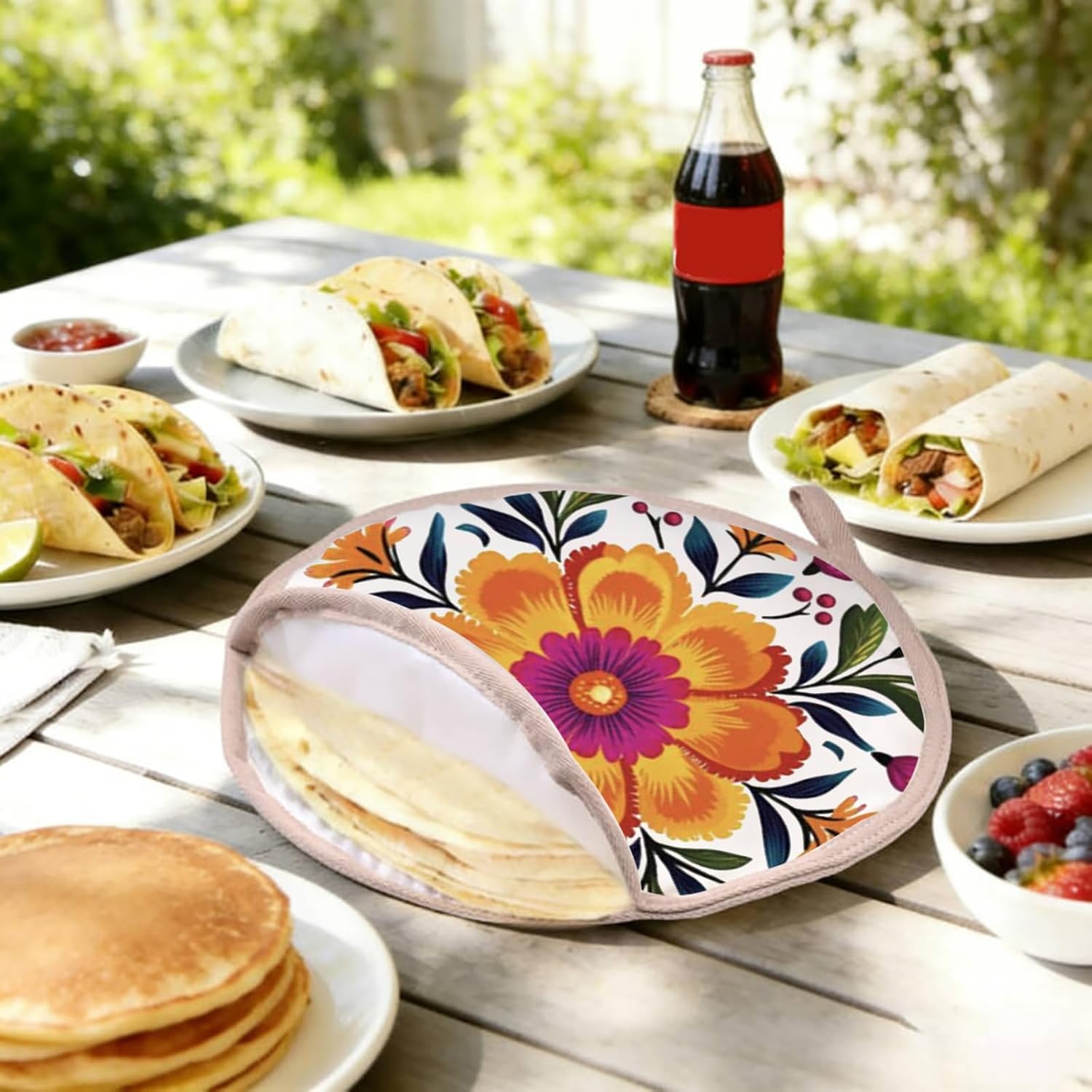 HOLLP 1-Pack Mexican Floral Tortilla Warmer Pouch Mexico City Gift Flower Lover Gift (Mexican Floral T)