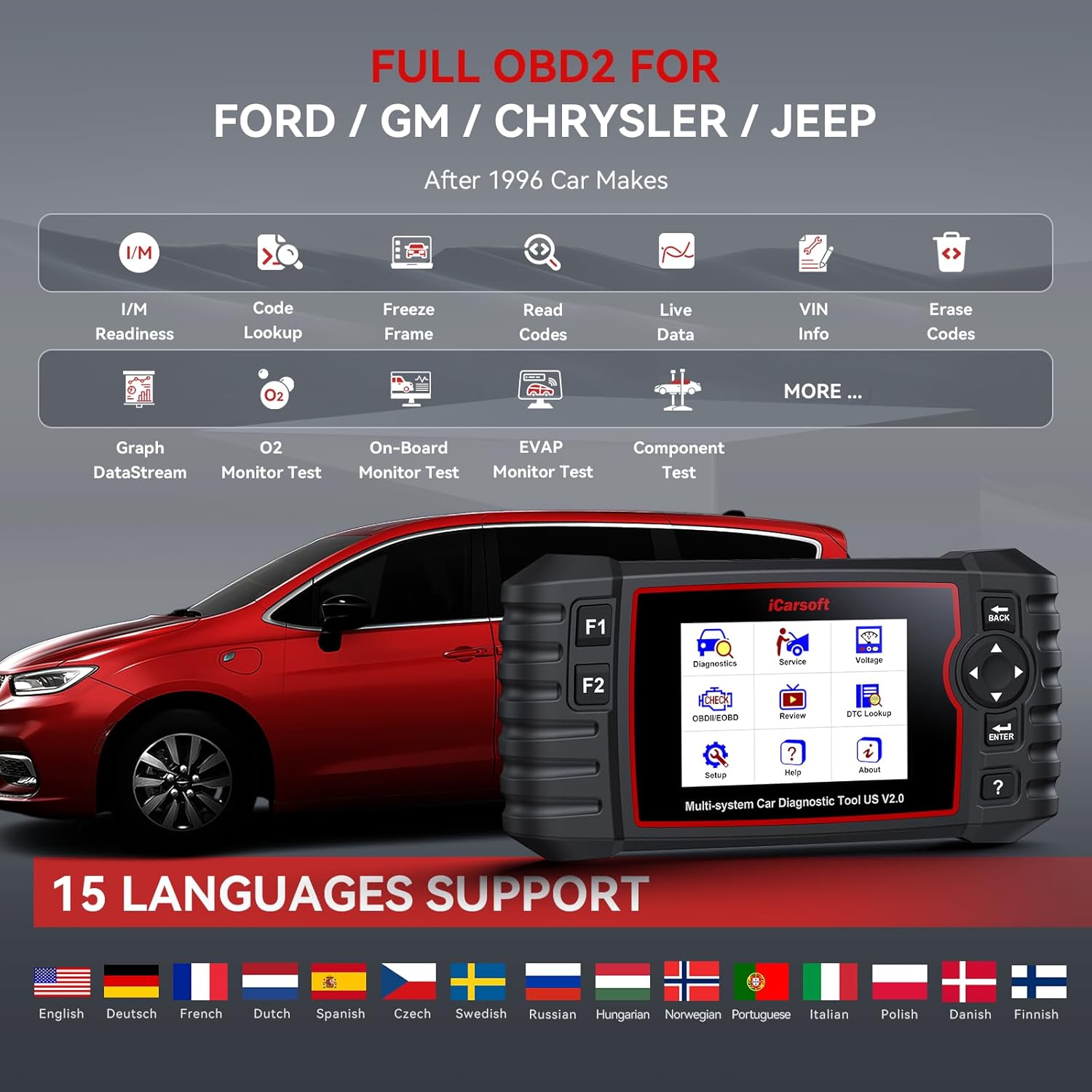 Full System Diagnostic Scan Tool for GM Ford Chrysler Jeep, iCarsoft US V2.0 Diagnose OBD2 Code Reader-Reset/Calibration, Battery Registration for Buick/Chevrolet/Cadillac/GMC -16PIN OBDII Adapter