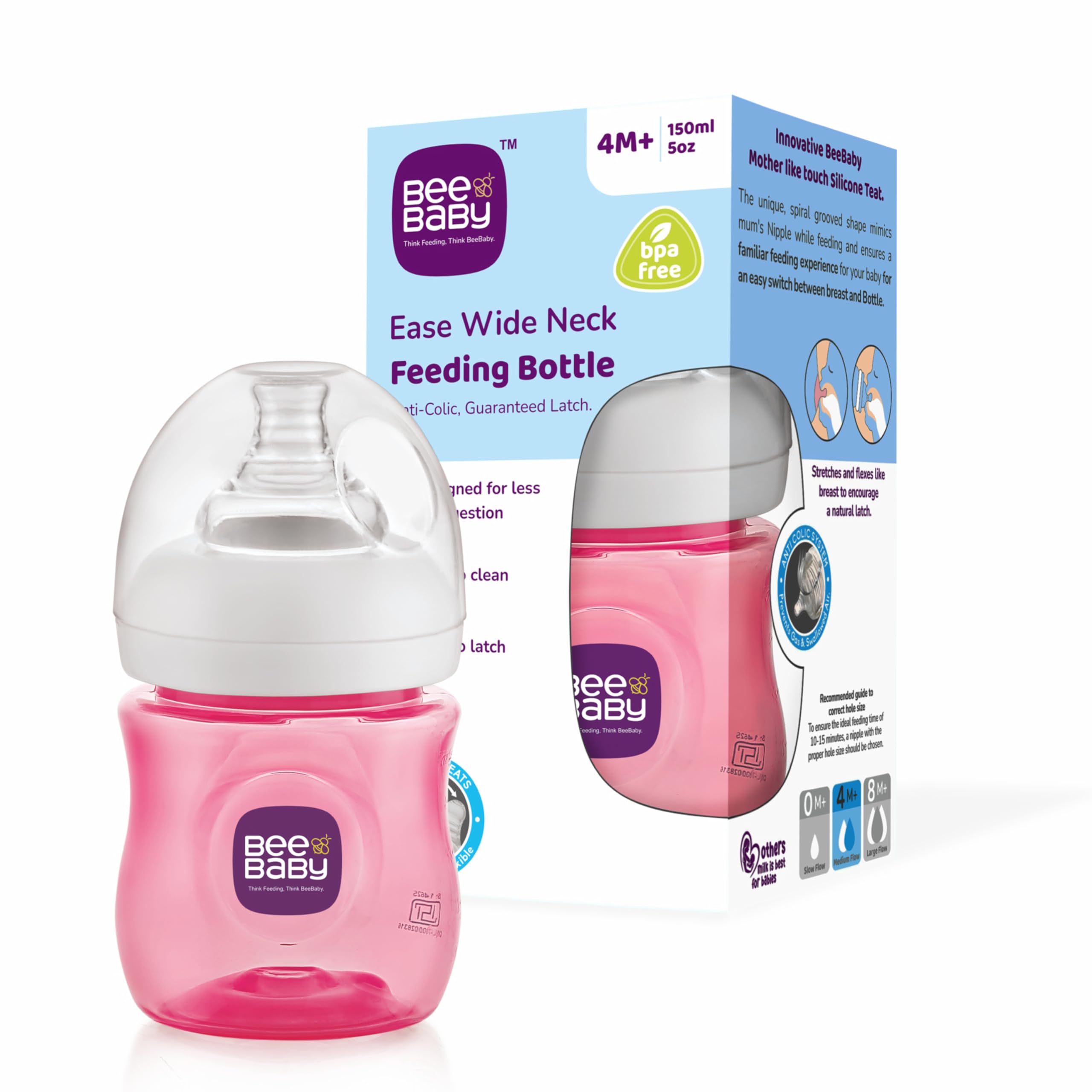 BeeBaby Ease Wide Neck Baby Feeding Bottle with Anti-Colic Soft Silicone Nipple for Newborns, Infants, Kids. Easy to Latch. 100% BPA Free. (1, Bottle_Pink, 150 ML)-image-32