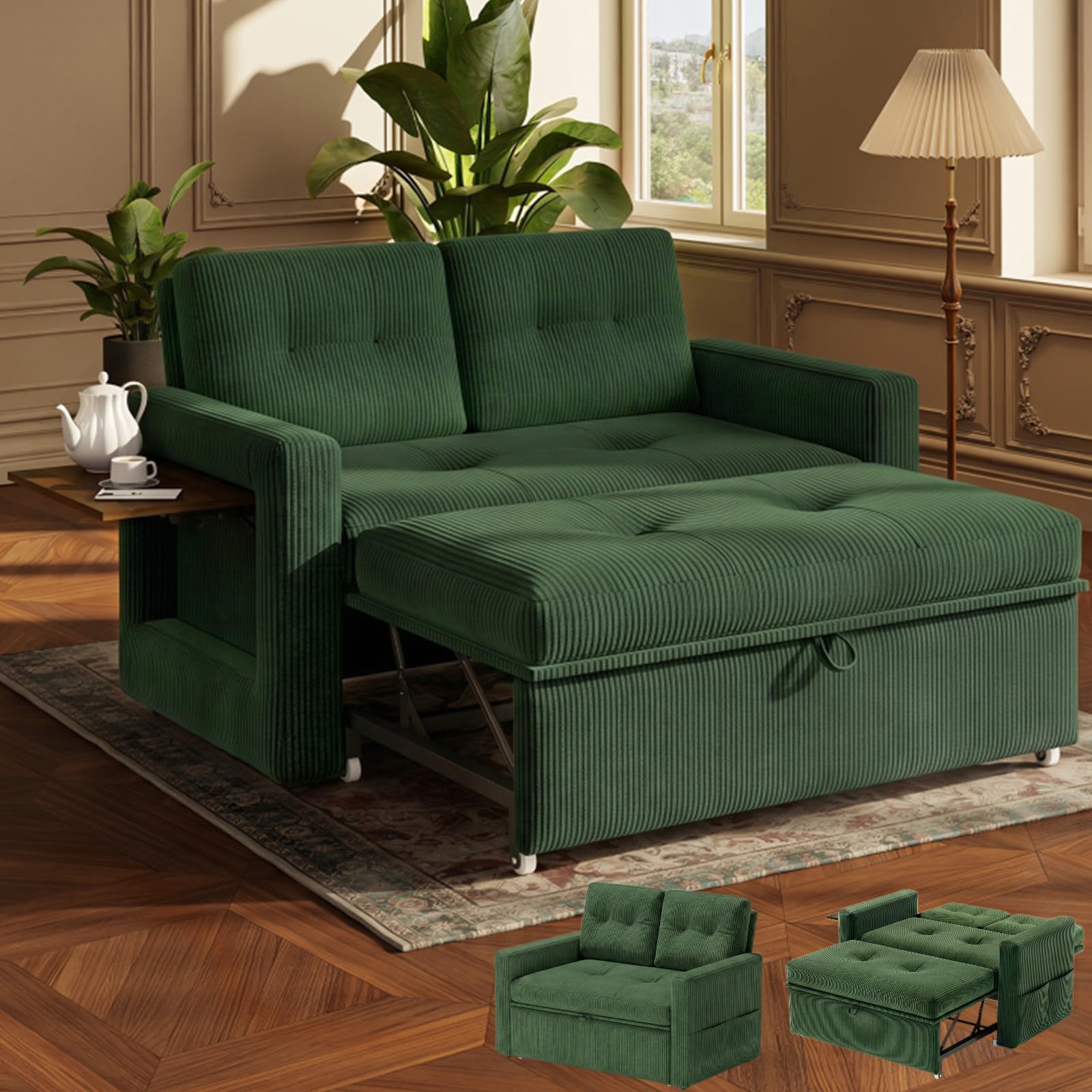 YOUDENOVA Sofa 3 w 1, fotel z funkcją łóżka i funkcją salonu, sofa relaksacyjna z 5 regulowanymi pozycjami oparcia, sofa 2-osobowa z łóżkiem, stołem i kieszeniami bocznymi, prążkowana zieleń