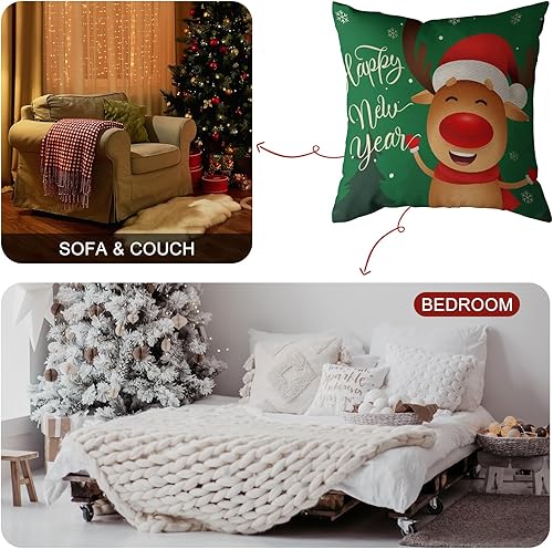 Miniatura 5 de Juego de 4 fundas de almohada navideñas de 18 x 18 pulgadas, fundas de almohada decorativas de Navidad con reno de Papá Noel para sofá, cama,