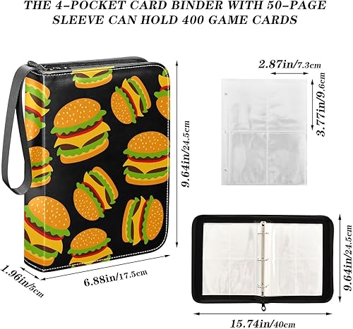 Miniatura 3 de Hamburger 4 Pockets Trading Card Album Folder for Cards PU Cover Zip Card Binder with 400 Side Loading Pockets Card Storage Album for Boys Girls MTG
