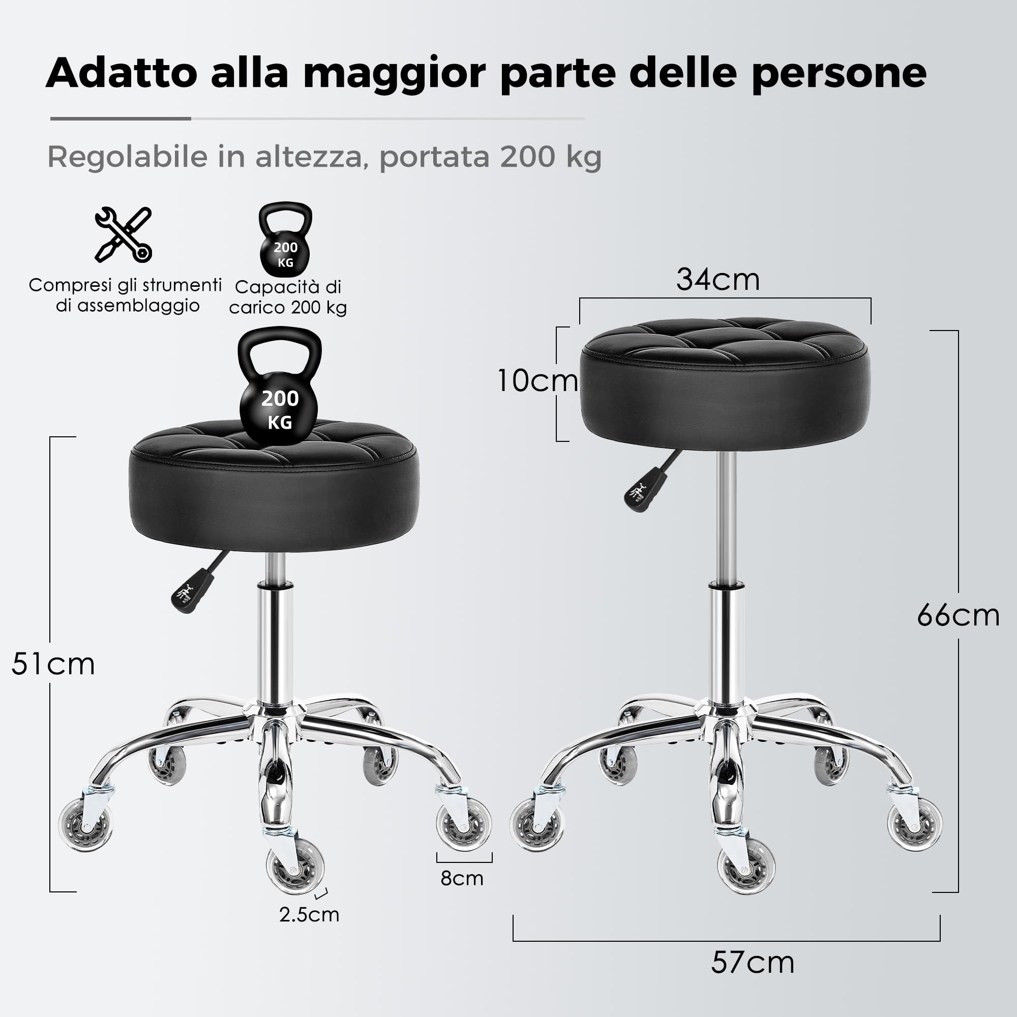 BEWISHOME Sgabello con Ruote, Sedia in Pelle PU Resistente, Girevole a 360°, Sgabello Regolabile, Peso Massimo 200 KG, per Saloni di Bellezza, Spa e Cliniche (Nero)