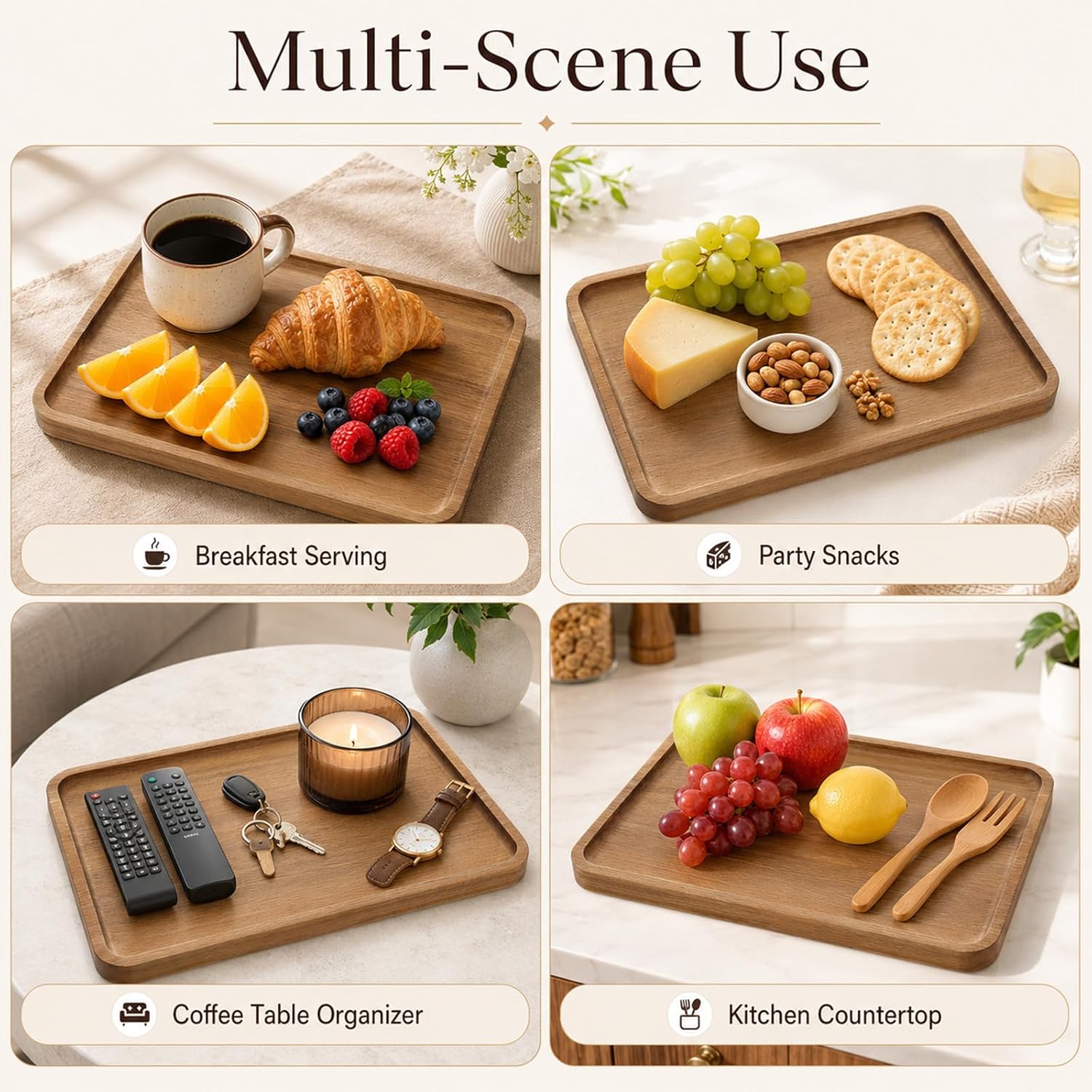 InnoHHustle 2 Pcs Solid Acacia Wood Serving Trays 13 x 8.7 inch Rectangular