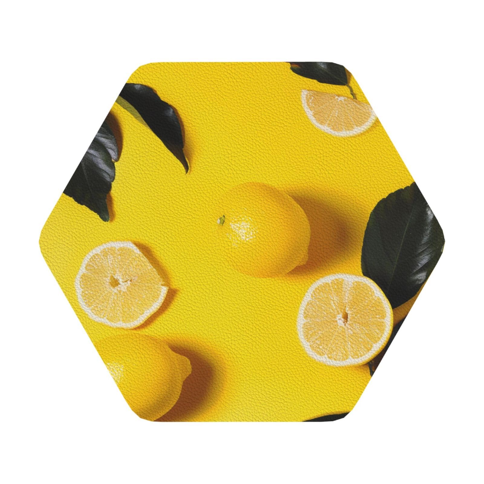 Yellow Lemon print Print Leather Coaster Set of 6, Hexagon Coasters Table Decorative Coffee Cup Beverage Coasters Wine Beer Bar Coasters for Hot Drinks Table Protection