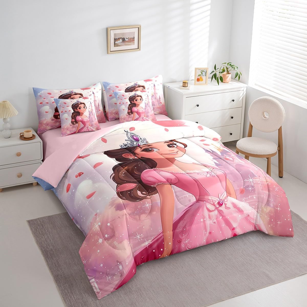 Princess Castle Comforter Set 7 Pieces,Cartoon Fairy Tale Themed Bed Set for Kids Adults,Glitter Pink Bedding King with 1 Comforter,1 Fitted Sheet,1 Flat Sheet,2 Pillowcases,2 Throw Pillow Cover