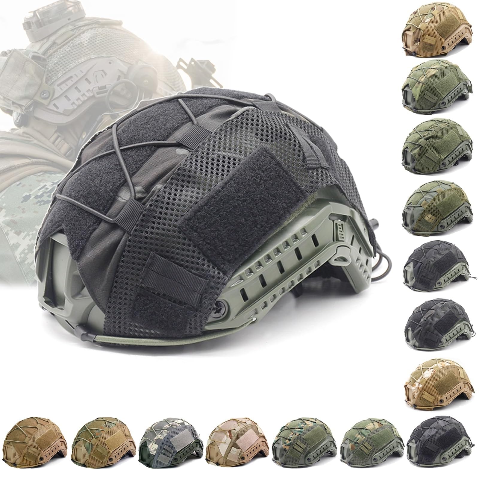 Tactical Helmet Cover Camo FAST Airsoft Paintball High-cut Helmet Cloth Hunting Shooting Helmet Accessories with Elastic Cord(Black MC CP)