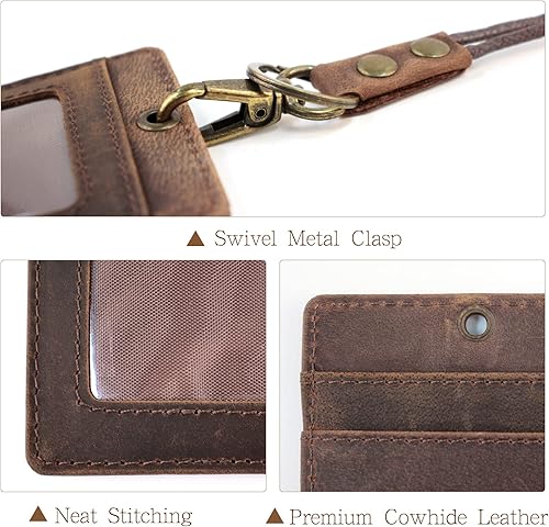 Miniatura 4 de Boshiho Portatarjetas de identificación de cuero de vaca de estilo vertical con cordón resistente (cuero genuino marrón oscuro)