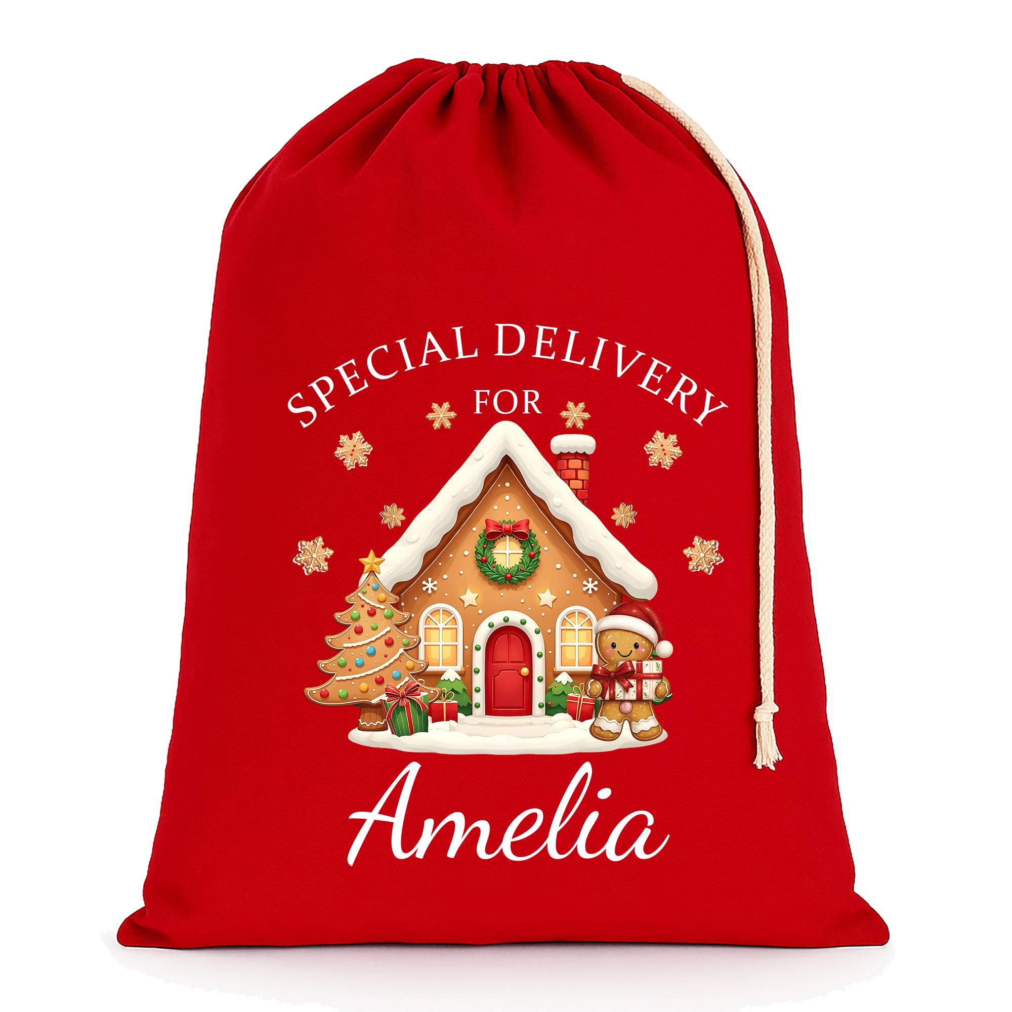 Chicken Craft Personalised Christmas Santa Sack with Custom Name - Extra Large - Red - 75x49cm - Gingerbread House