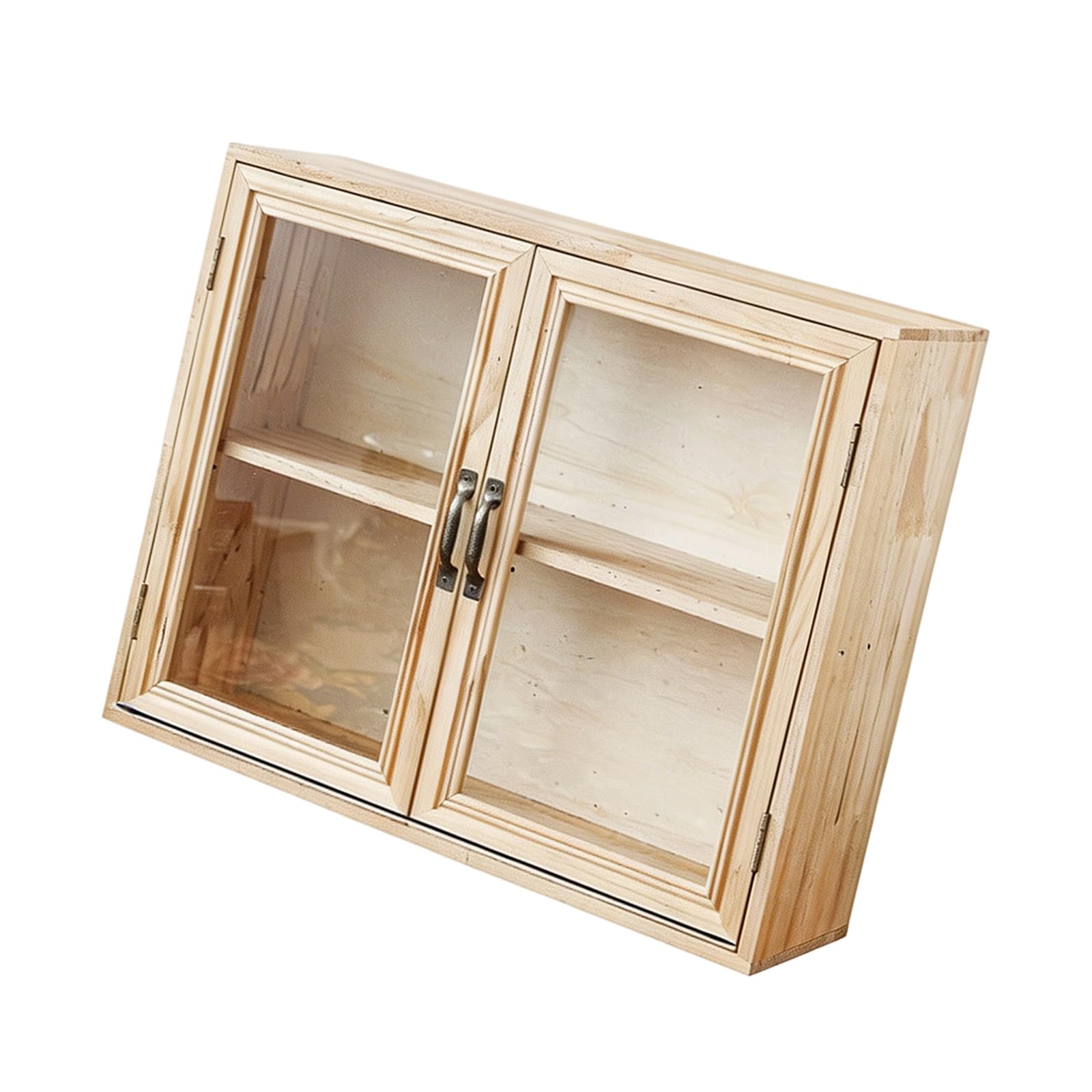 Whoasyst Wood Texture Desktop Cabinet with Clear Doors, Compact Countertop Organizer for Makeup, Stationery and Kitchen Items Bucolic Decors