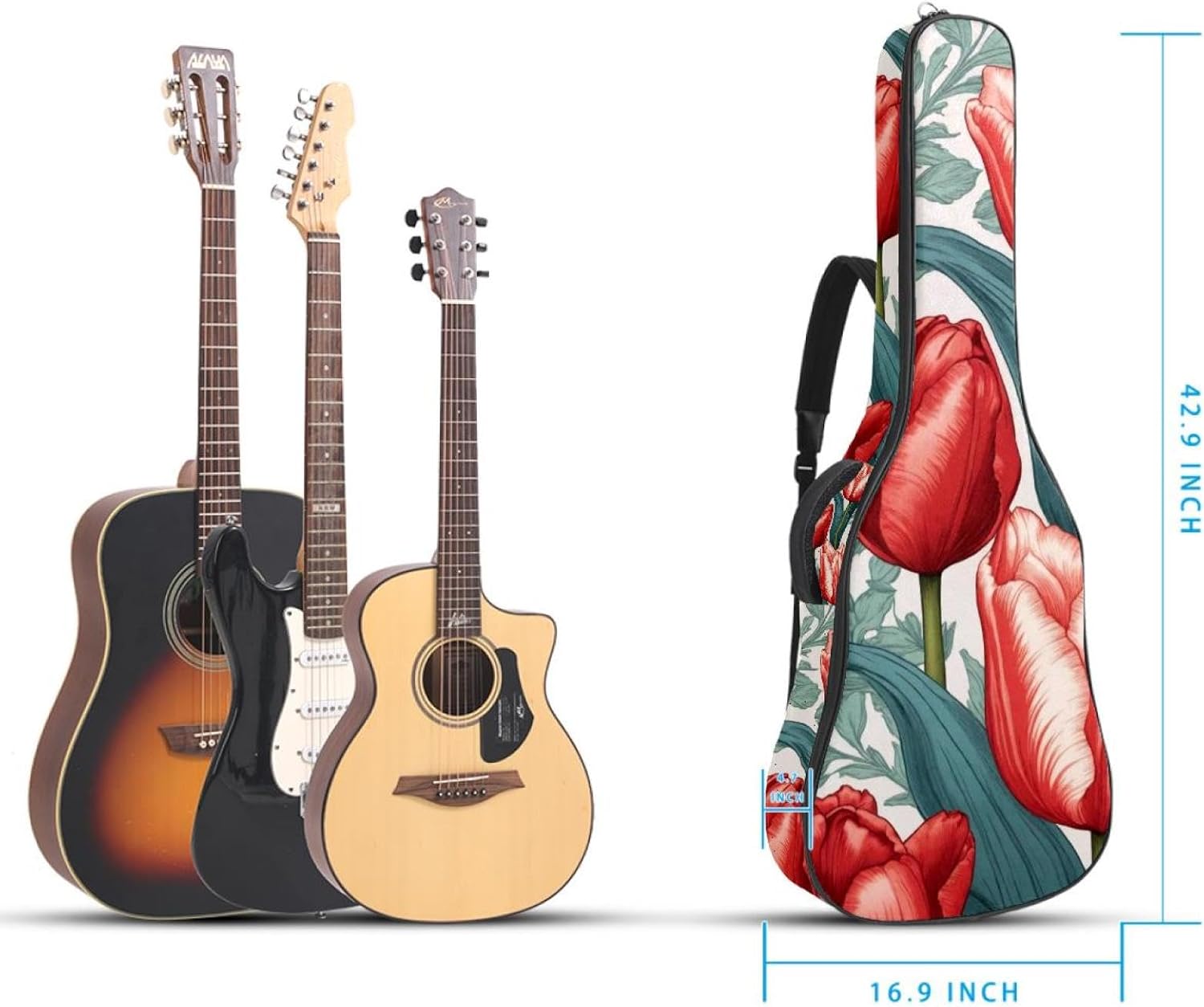 Acoustic Guitar Bag 0.4 Inch Thick Padding Waterproof Guitar Case Gig Bag for 40 41 42 Inch Electric Bass Classical Guitar, Tulip Seamless