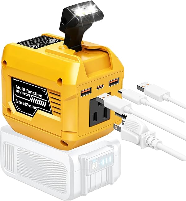 Inversor de potencia de 250W compatible con batería DeWALT 20V | Convertidor de CC a CA 110V, 1 salida de CA, 2 puertos USB y puerto de carga rápida Type-C, luz LED de 400LM, para obra, camping, emergencias, paquete de 1