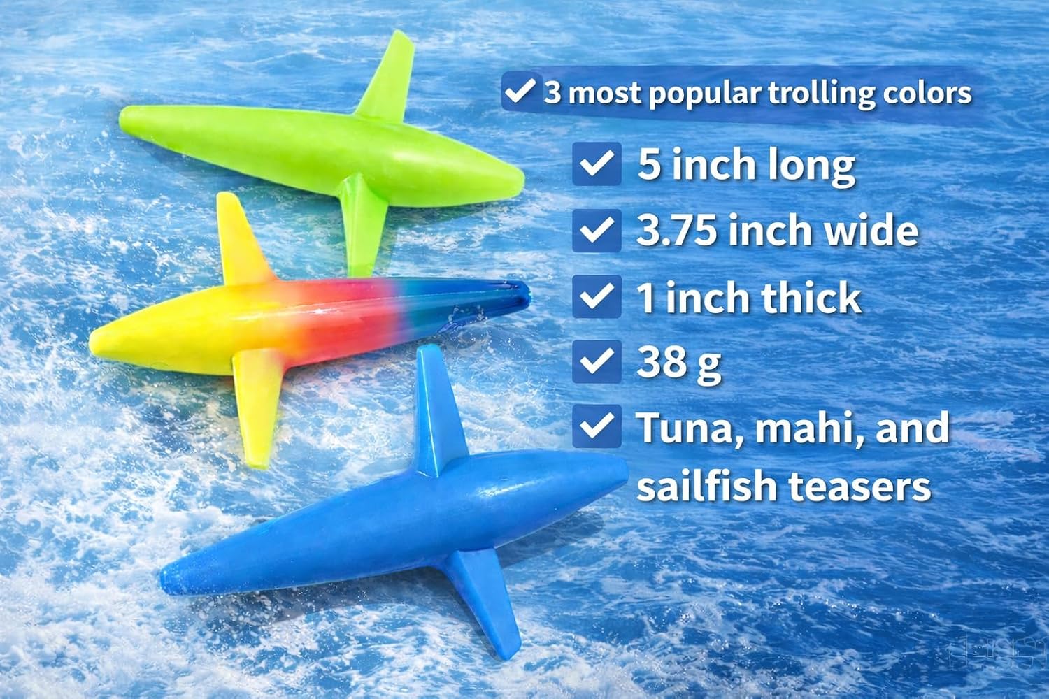 3pcs Multi Colored Saltwater Trolling Birds. Tuna Dolphin Sailfish Offshore Fishing Teaser Birds. Blue, Green and Rainbow