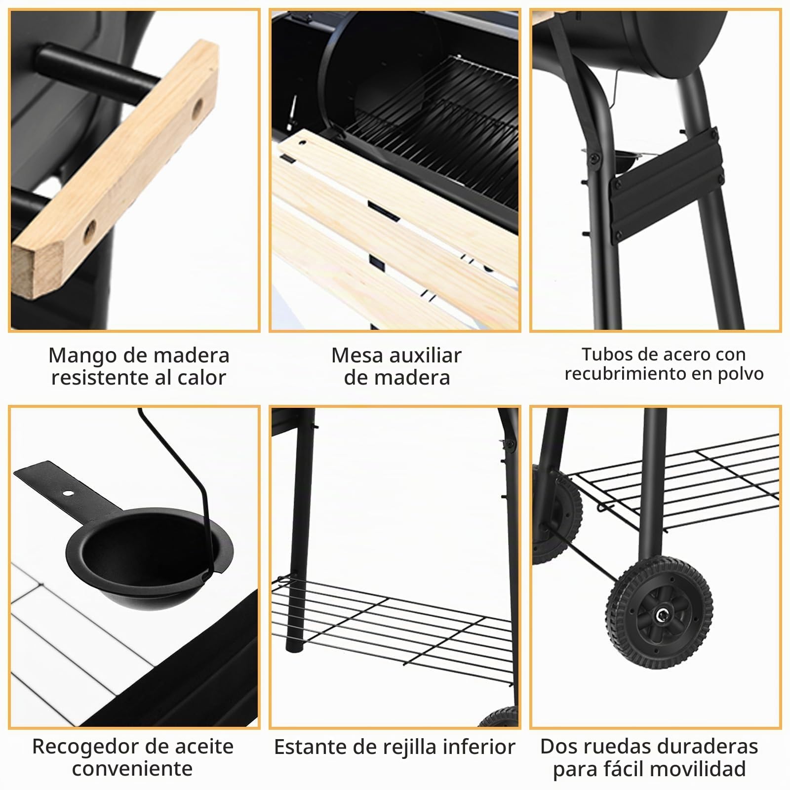 KOMFOTTEU Barbacoa de Carbón con Ruedas y Termómetro, Parrilla de Acero con Chimenea, Barbacoa Ahumadora al Exterior con Mesa Lateral y Estante Inferior, 115 x 65 x 108 cm