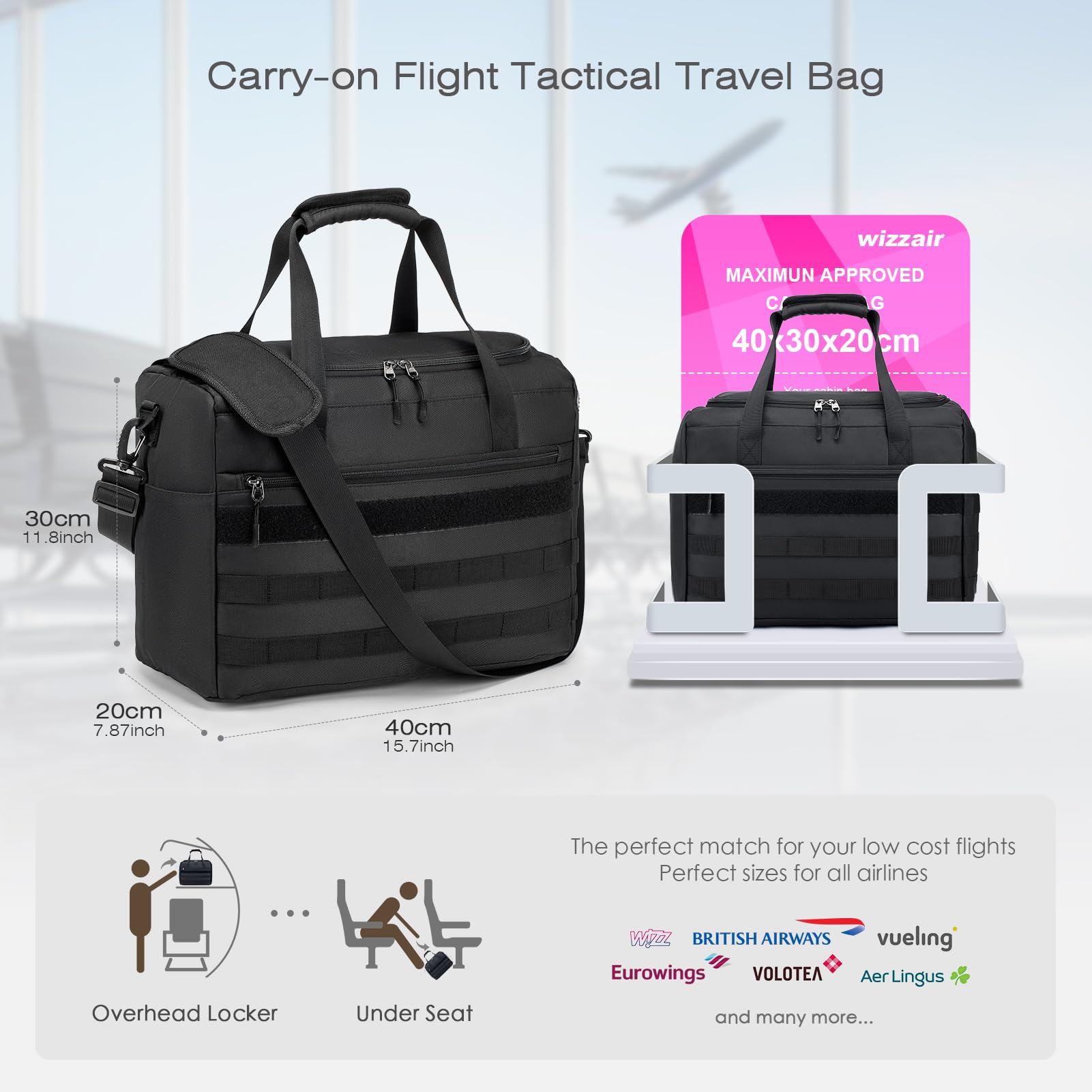 SPAHER Bolsa Viaje Cabina Avion 40x30x20 Ryanair Vueling Equipaje de Mano Bolsa de Cabina Deporte Gimnasio Táctico Hombre Impermeable Maleta Cabina 25L con Neceser, Negro