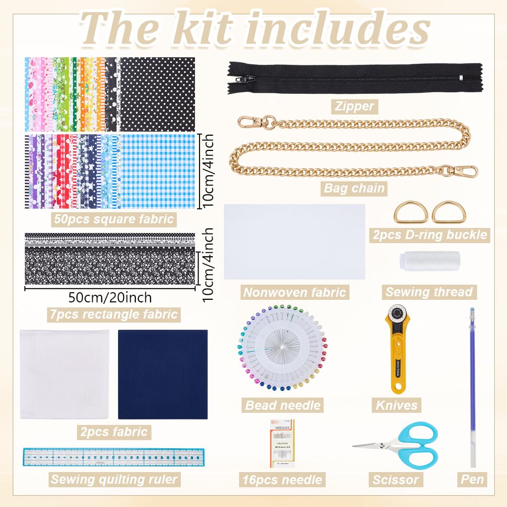 WEBEEDY Kit de Sac Fourre Tout à Patchwork DIY avec Tutoriel Vidéo pour Débutants Ensemble de Démarrage pour Sacs Matelassés avec Tissus Carrés de 21 couleurs Chaîne de Sac et Fermoir Faire des Sacs