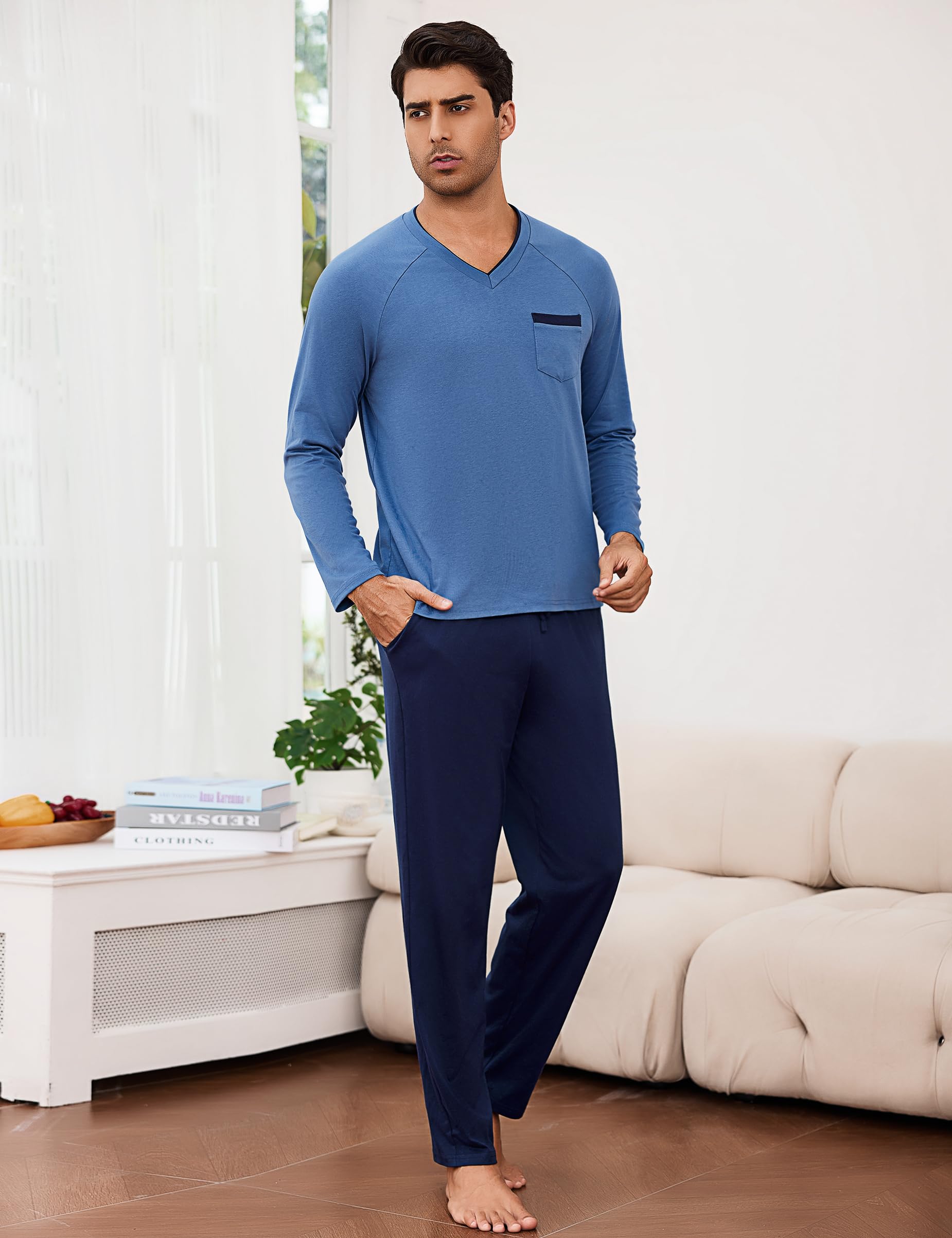 Bresdk Pijama Hombre Invierno Algodón Largo con Bolsillos Conjunto de Pijamas Hombre Manga Larga V-Cuello Suave y Transpirable S-3XL