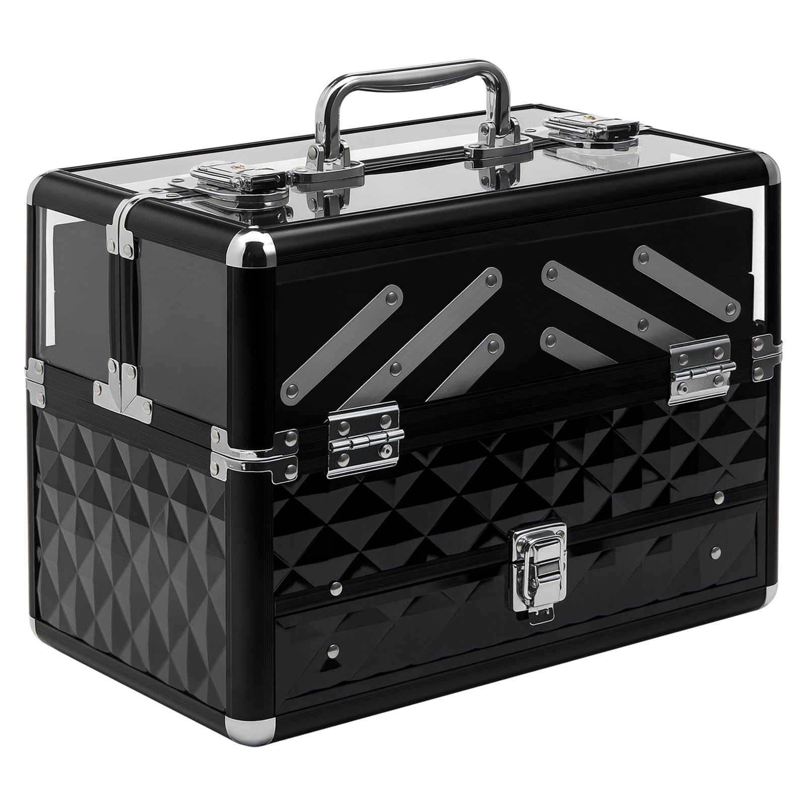 Kosmetyczka - kufer do przechowywania produktów kosmetycznych - wymiary 30L x 18W x 22H cm - aluminiowa rączka zamka. różowy akryl