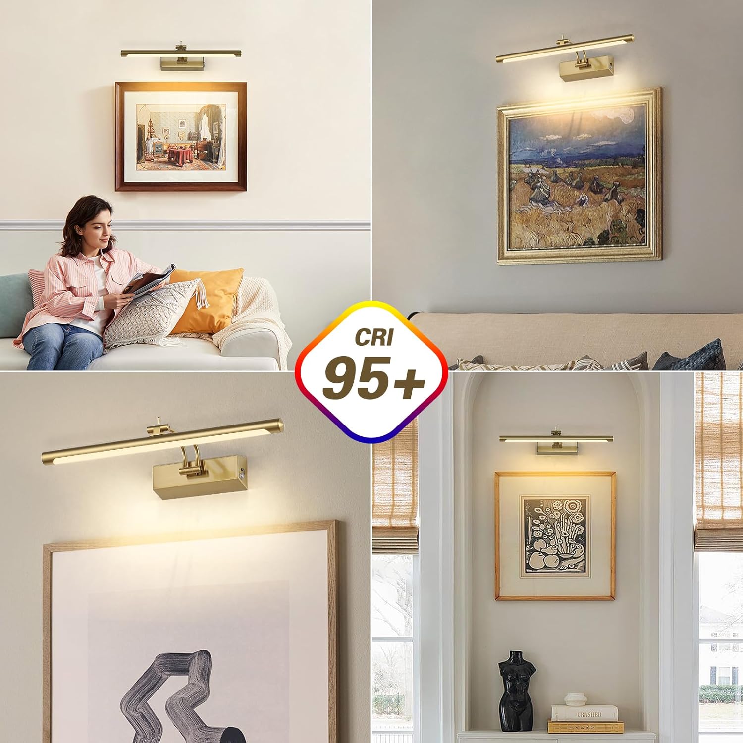 Joosenhouse Battery Operated Picture Light 5000mAh Rechargeable Wall Light 15.7" Wireless Picture Lights for Wall with Remote Control for Paintings Photo Spot Lights Indoor Brass Color