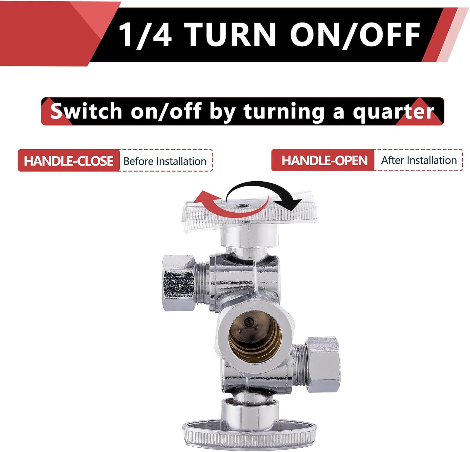 EFIELD 1/4-Turn Dual Compression Outlet Angle Stop Valve with 2 Shut Off Valve/Handles, 1/2" NOM (5/8" OD) x (3/8 inch x 1/4 inch) Chrome For Faucet Toilet Valve,Icemaker,Filter,(VALVE137)
