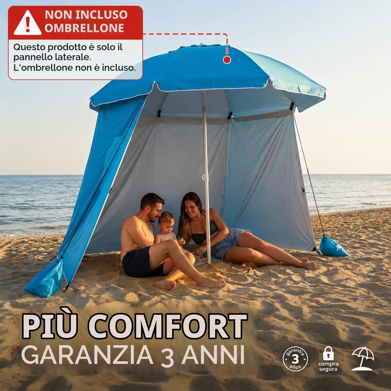 Pincho Tenda laterale per ombrellone da spiaggia, paravento da spiaggia con sacchi di sabbia, ombra extra antivento, riparo pieghevole per ombrellone, accessorio compatto, resistente e leggero, 200 x