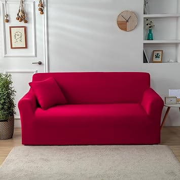 Qubjus Modern Couch Cover Stretch Loveseat Sofa Cover for 2 Cushion Couch Solid Color Non Slip Washable Furniture Protector Sofa Slipcover for Home Decoration(Medium, Red)