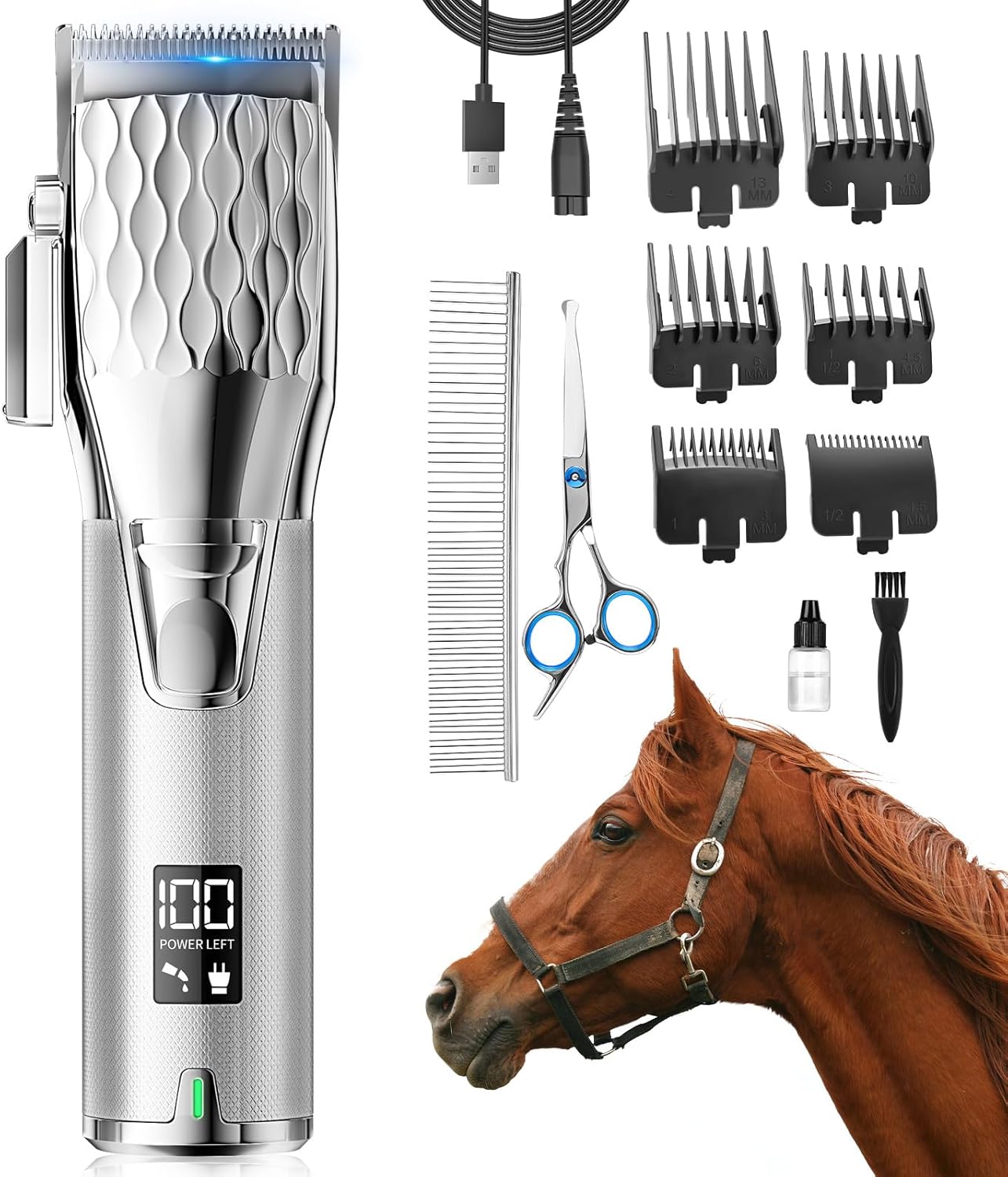 Rechargeable Horses Clippers, Cordless Pet Hair Trimmer Shaver with 6 Guide Guards, 2500mAh Large Battery Capacity Electric Grooming Kit for Livestock Animal Thick Coat, Light Weight 0.8lbs