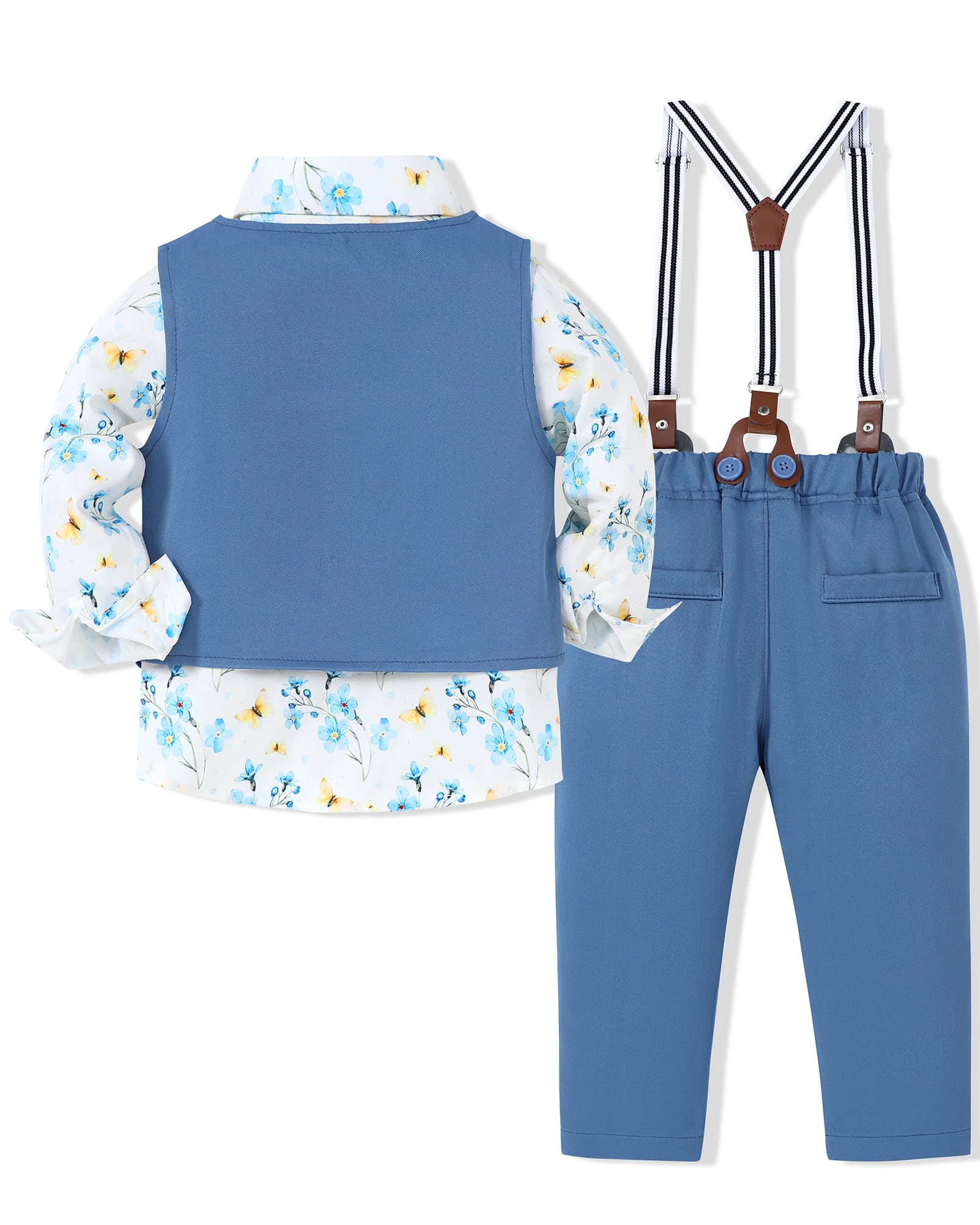 WESIDOM Conjunto de ropa formal para niños pequeños, camisa de vestir + pajarita + chaleco + ojal + pantalones de tirantes para niños