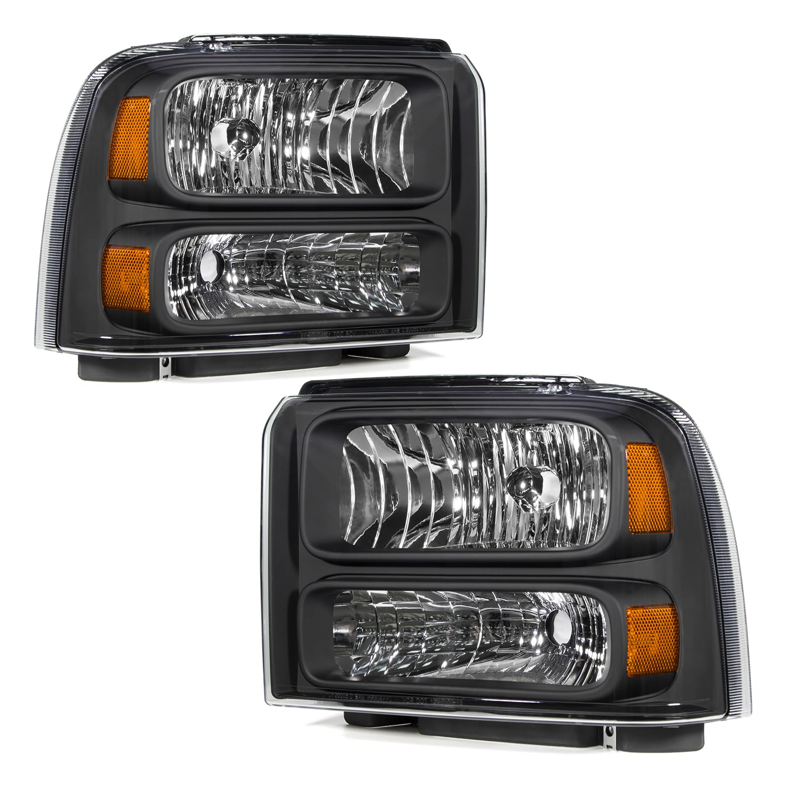 Headlight Assembly Compatible with 2005 2006 2007 Ford F250 F350 F450 F550 Super Duty /2005 Ford Excursion Black Housing Amber Reflector Driver and Passenger Side