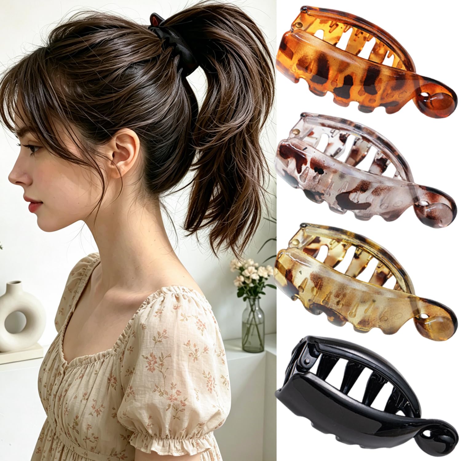 Photo 1 of 4Pcs Glossy Banana Hair Clips for Women Non Slip High Ponytail Hair Claw Clips Tortoise Shell Design Banana Clip Vintage Fashion Hair Accessories Strong Hold Hair Barrettes for Daily Party Hairstyling