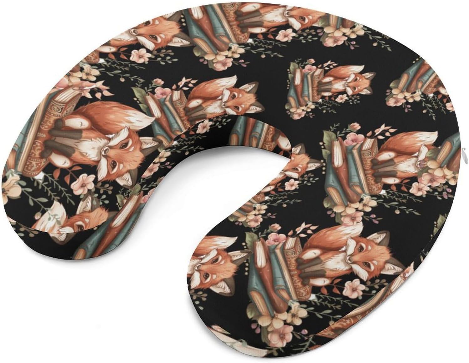 Fox with Books Floral Travel Pillow U Shape Neck Pillow Washable Pillowcase for Sleeping Chair