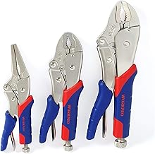 WORKPRO 3 Piece Set of Locking Pliers Pressure Pliers Cr-V Steel, Curved Jaw 18 cm and 25 cm, Straight Jaw 16.5 cm