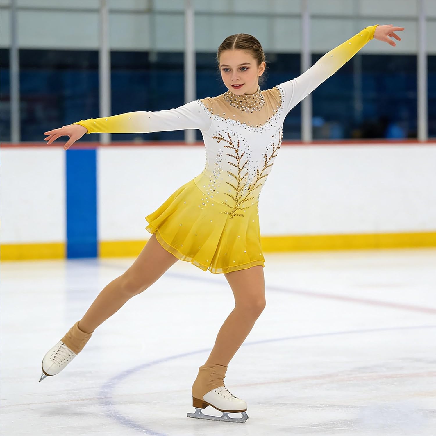 LIUHUO Ice Figure Skating Dress Women Long Sleeves Girls Competition Perform Elastic Comfortable Breathable Polyester